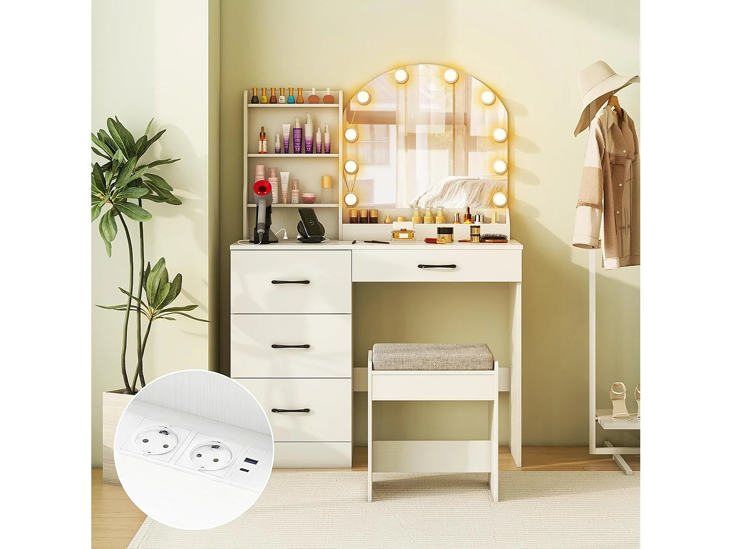 Make-uptafel met ledverlichting, 3 kleuren met instelbare helderheid, kaptafel met laadstation, kruk, spiegel, 4 laden & open planken, cosmeticatafel, witTG32199