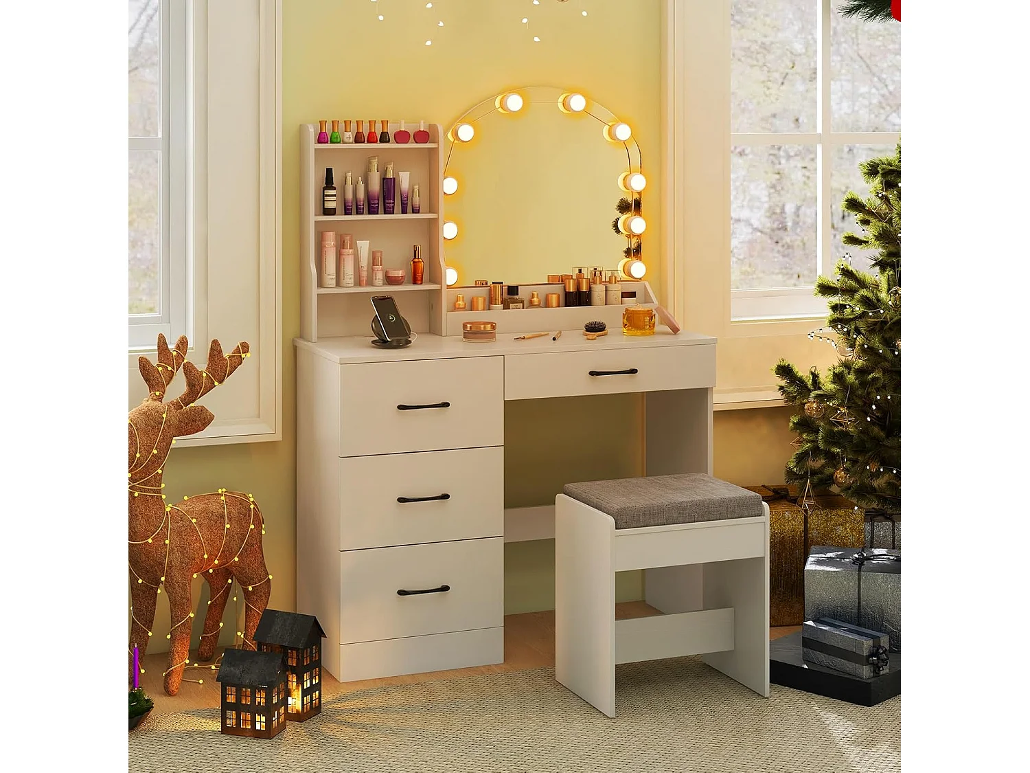 Make-uptafel met ledverlichting, 3 kleuren met instelbare helderheid, kaptafel met laadstation, kruk, spiegel, 4 laden & open planken, cosmeticatafel, witTG32199