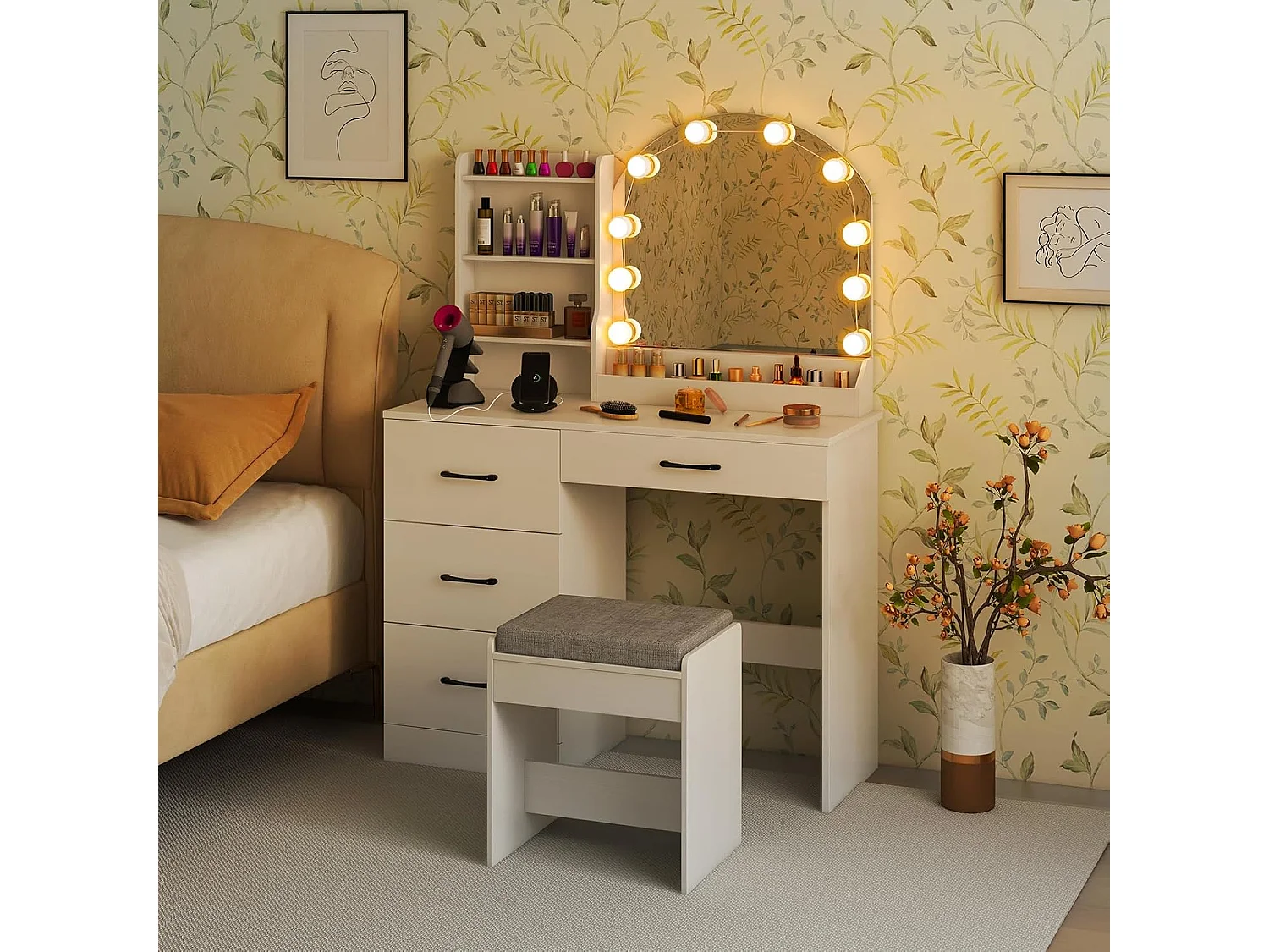 Make-uptafel met ledverlichting, 3 kleuren met instelbare helderheid, kaptafel met laadstation, kruk, spiegel, 4 laden & open planken, cosmeticatafel, witTG32199