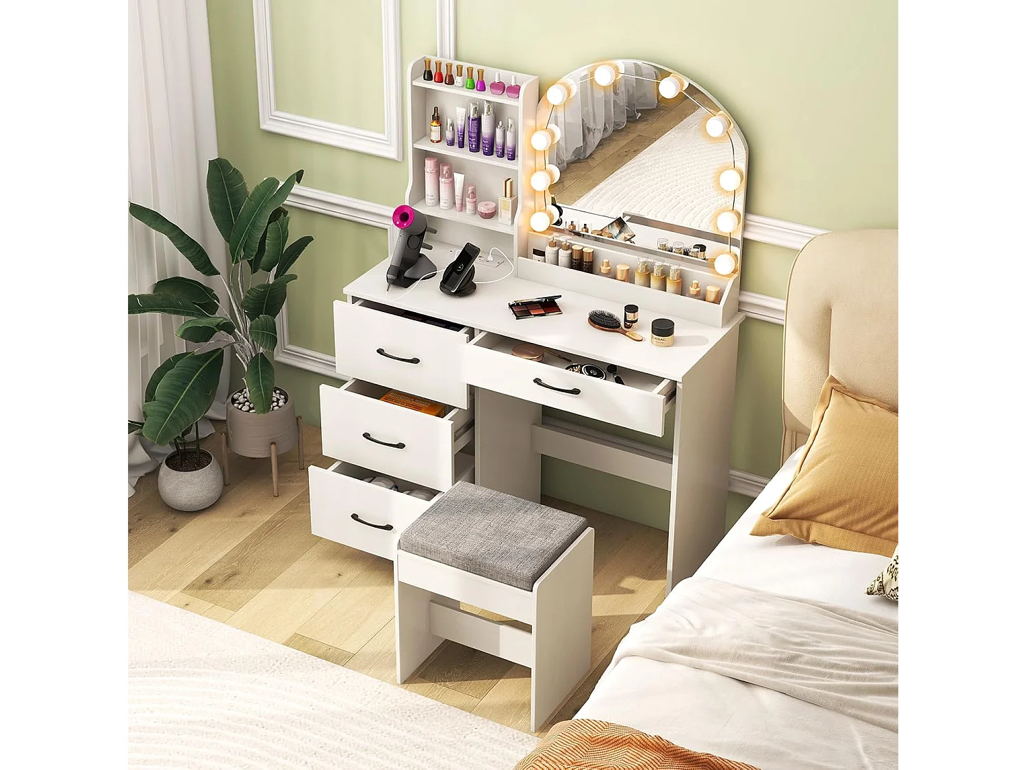 Make-uptafel met ledverlichting, 3 kleuren met instelbare helderheid, kaptafel met laadstation, kruk, spiegel, 4 laden & open planken, cosmeticatafel, witTG32199