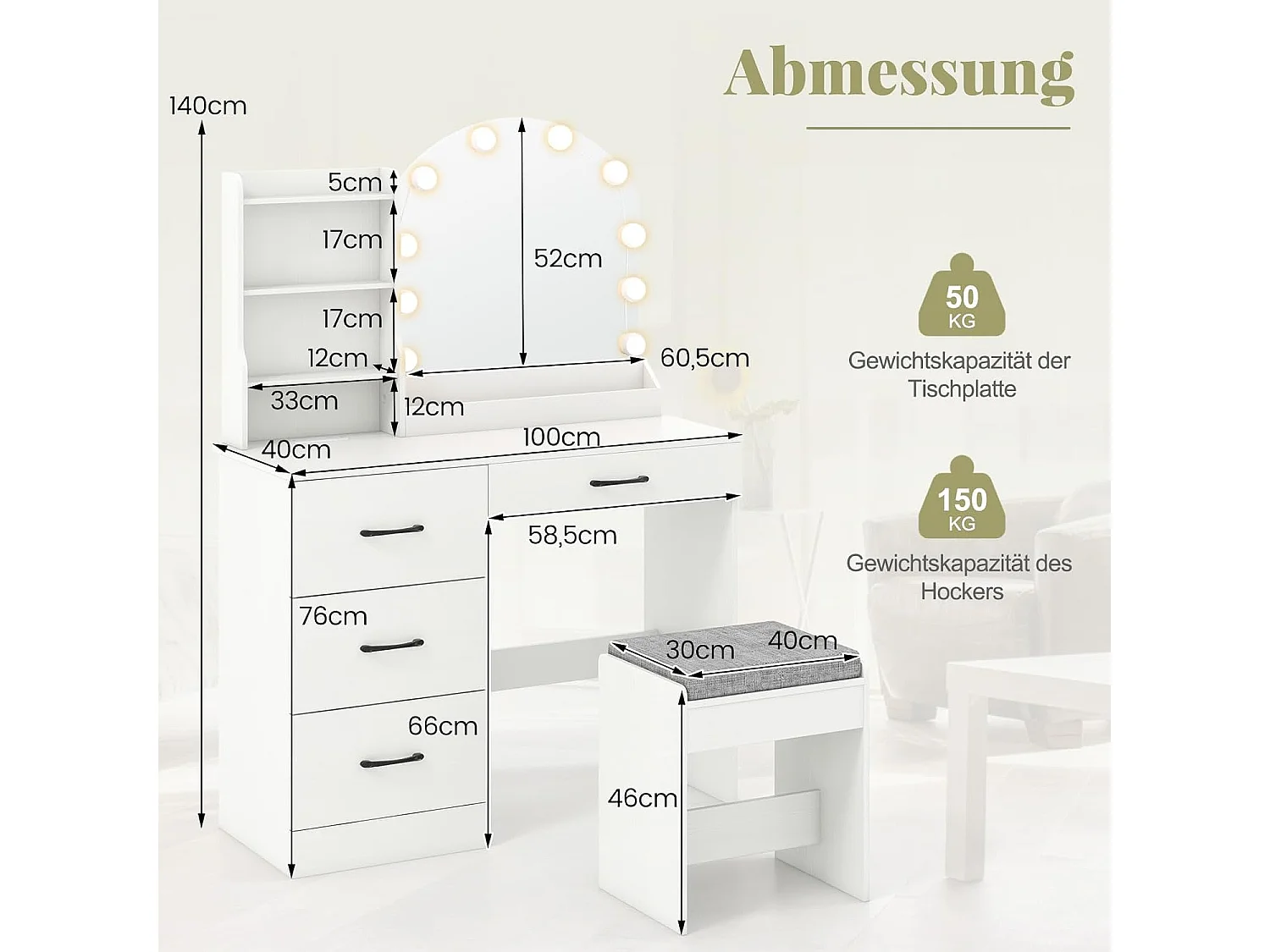 Make-uptafel met ledverlichting, 3 kleuren met instelbare helderheid, kaptafel met laadstation, kruk, spiegel, 4 laden & open planken, cosmeticatafel, witTG32199