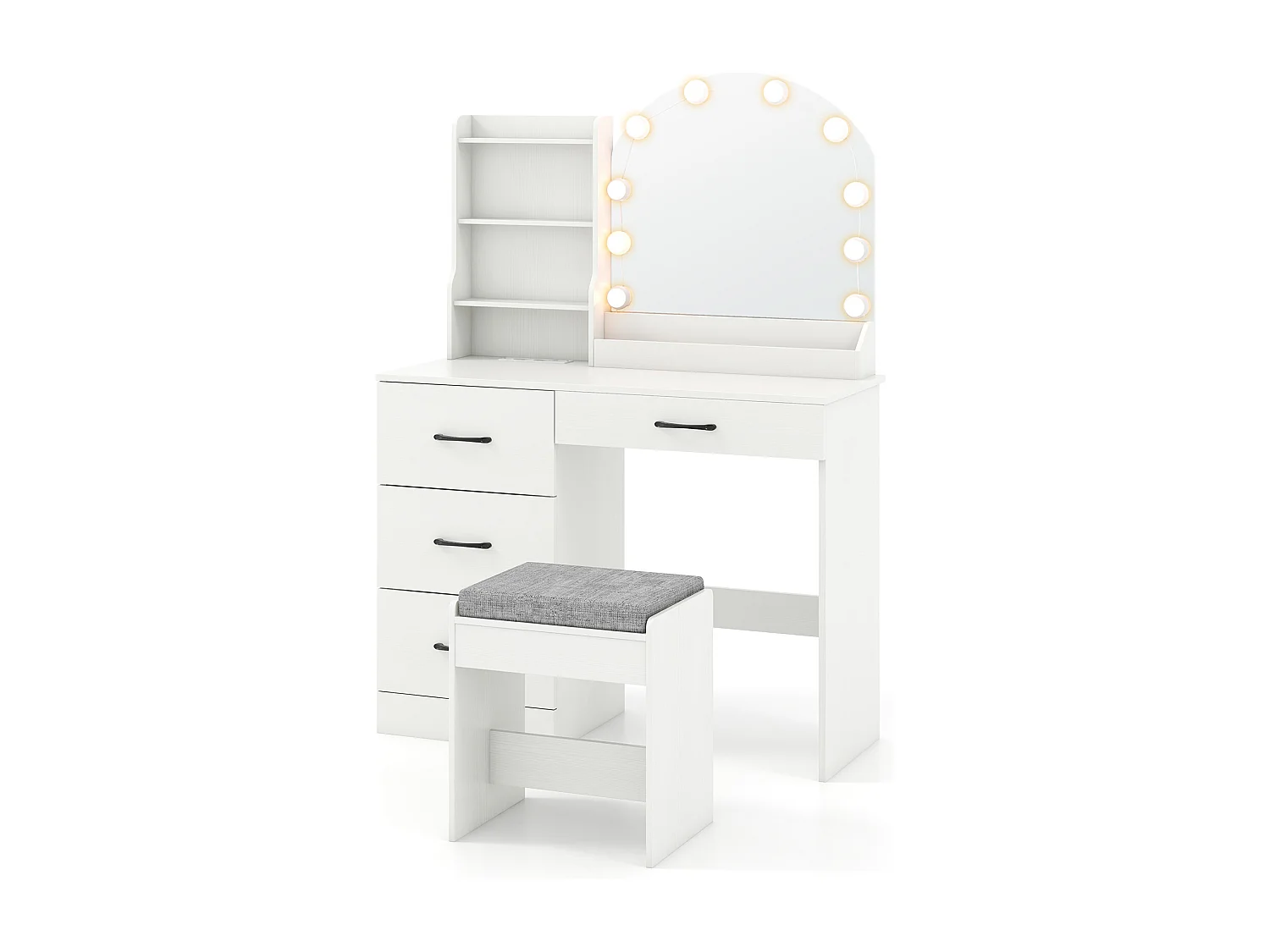 Make-uptafel met ledverlichting, 3 kleuren met instelbare helderheid, kaptafel met laadstation, kruk, spiegel, 4 laden & open planken, cosmeticatafel, witTG32199