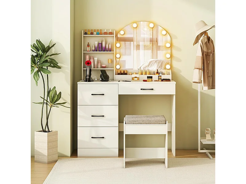 Make-uptafel met ledverlichting, 3 kleuren met instelbare helderheid, kaptafel met laadstation, kruk, spiegel, 4 laden & open planken, cosmeticatafel, witTG32199