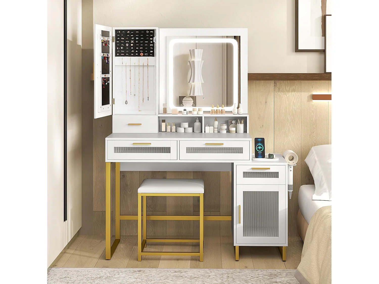 Make-uptafel met ledverlichting, kaptafel met laadstation, sieradenkast, kruk, spiegel, laden, kast, open vakken en haardrogerhouder, cosmeticatafel, witTG32076