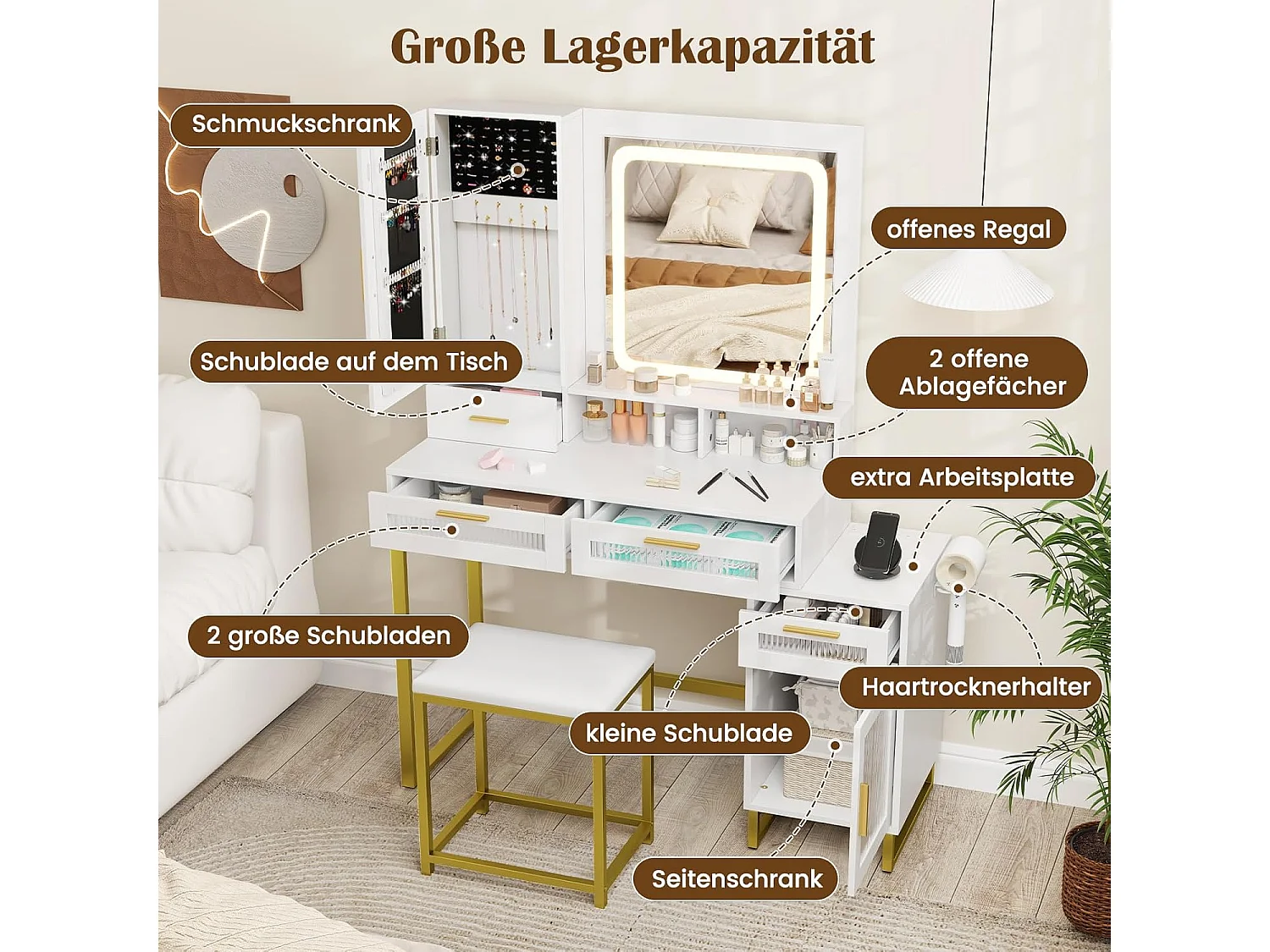 Make-uptafel met ledverlichting, kaptafel met laadstation, sieradenkast, kruk, spiegel, laden, kast, open vakken en haardrogerhouder, cosmeticatafel, witTG32076