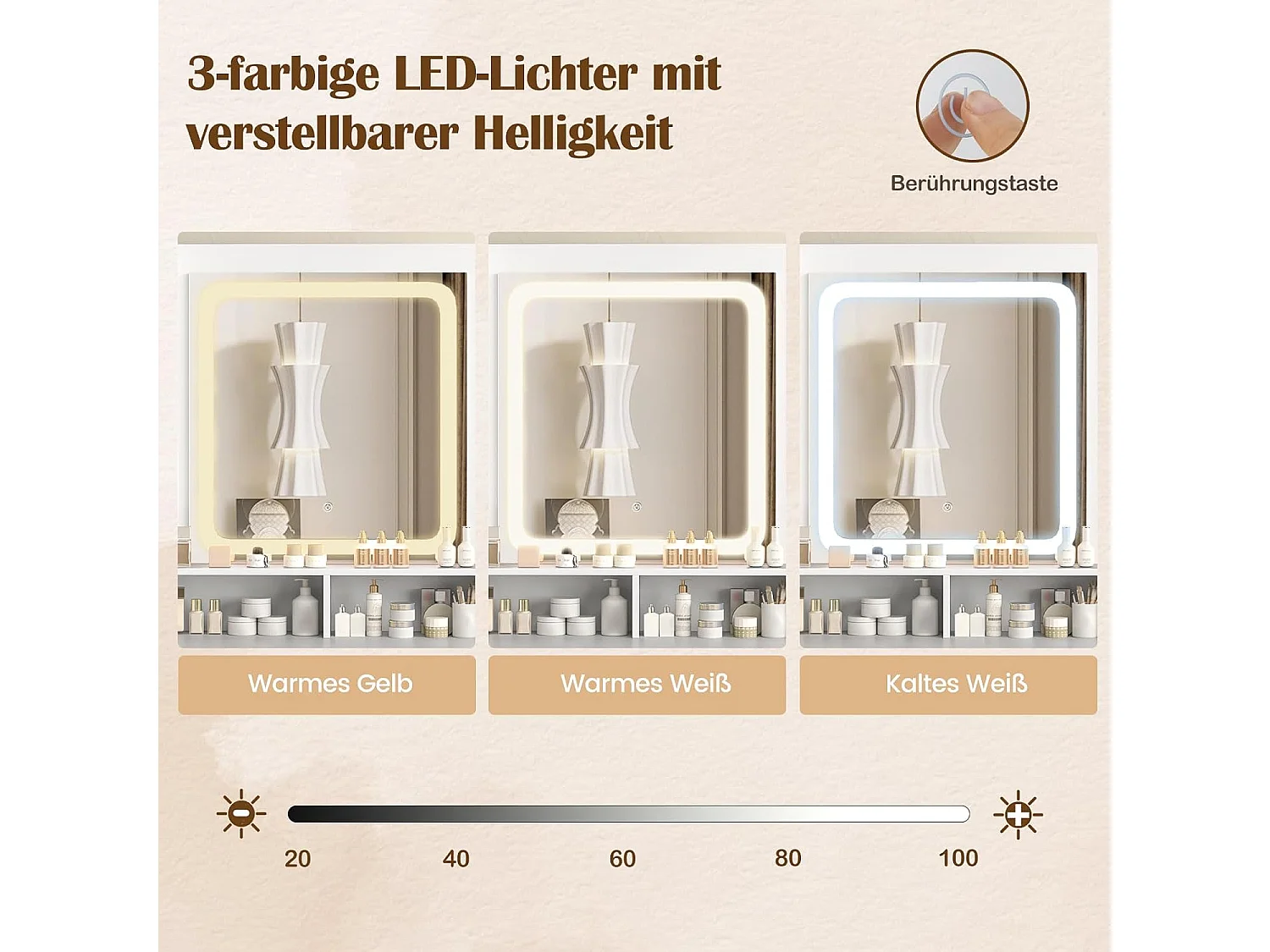 Make-uptafel met ledverlichting, kaptafel met laadstation, sieradenkast, kruk, spiegel, laden, kast, open vakken en haardrogerhouder, cosmeticatafel, witTG32076