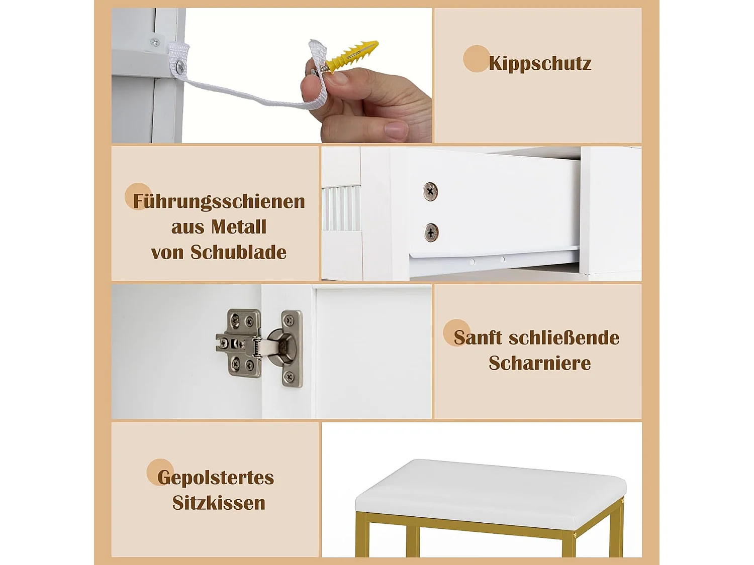 Make-uptafel met ledverlichting, kaptafel met laadstation, sieradenkast, kruk, spiegel, laden, kast, open vakken en haardrogerhouder, cosmeticatafel, witTG32076