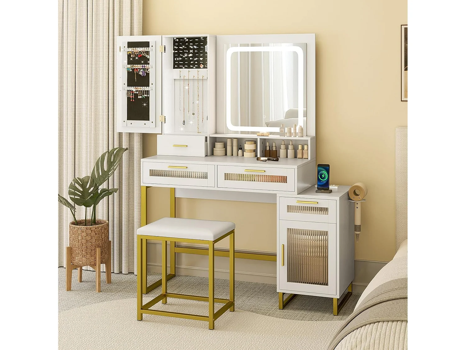 Make-uptafel met ledverlichting, kaptafel met laadstation, sieradenkast, kruk, spiegel, laden, kast, open vakken en haardrogerhouder, cosmeticatafel, witTG32076