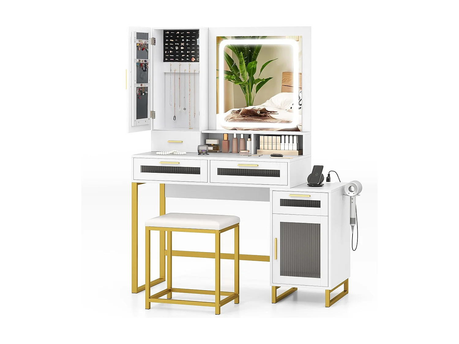 Make-uptafel met ledverlichting, kaptafel met laadstation, sieradenkast, kruk, spiegel, laden, kast, open vakken en haardrogerhouder, cosmeticatafel, witTG32076