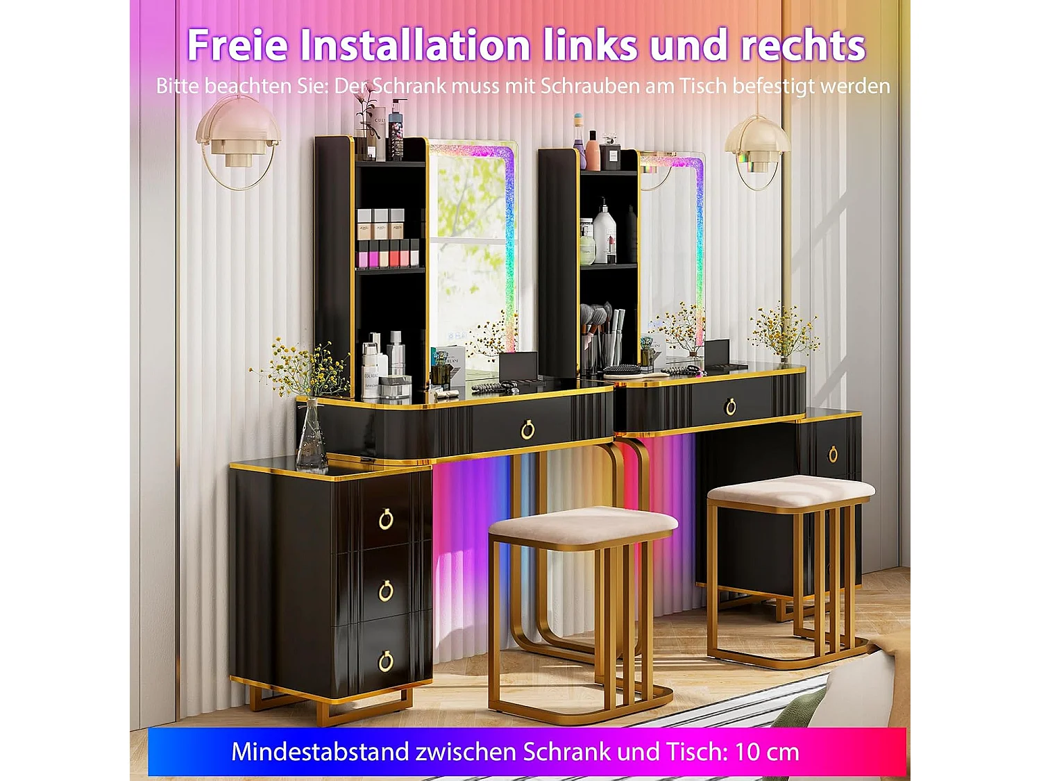 Make-uptafel met ledverlichting, kaptafel met 7 dynamische en 7 statische dimbare ledlampen, draadloos laadstation, USB-poort en 4 laden, make-uptafel met kruk