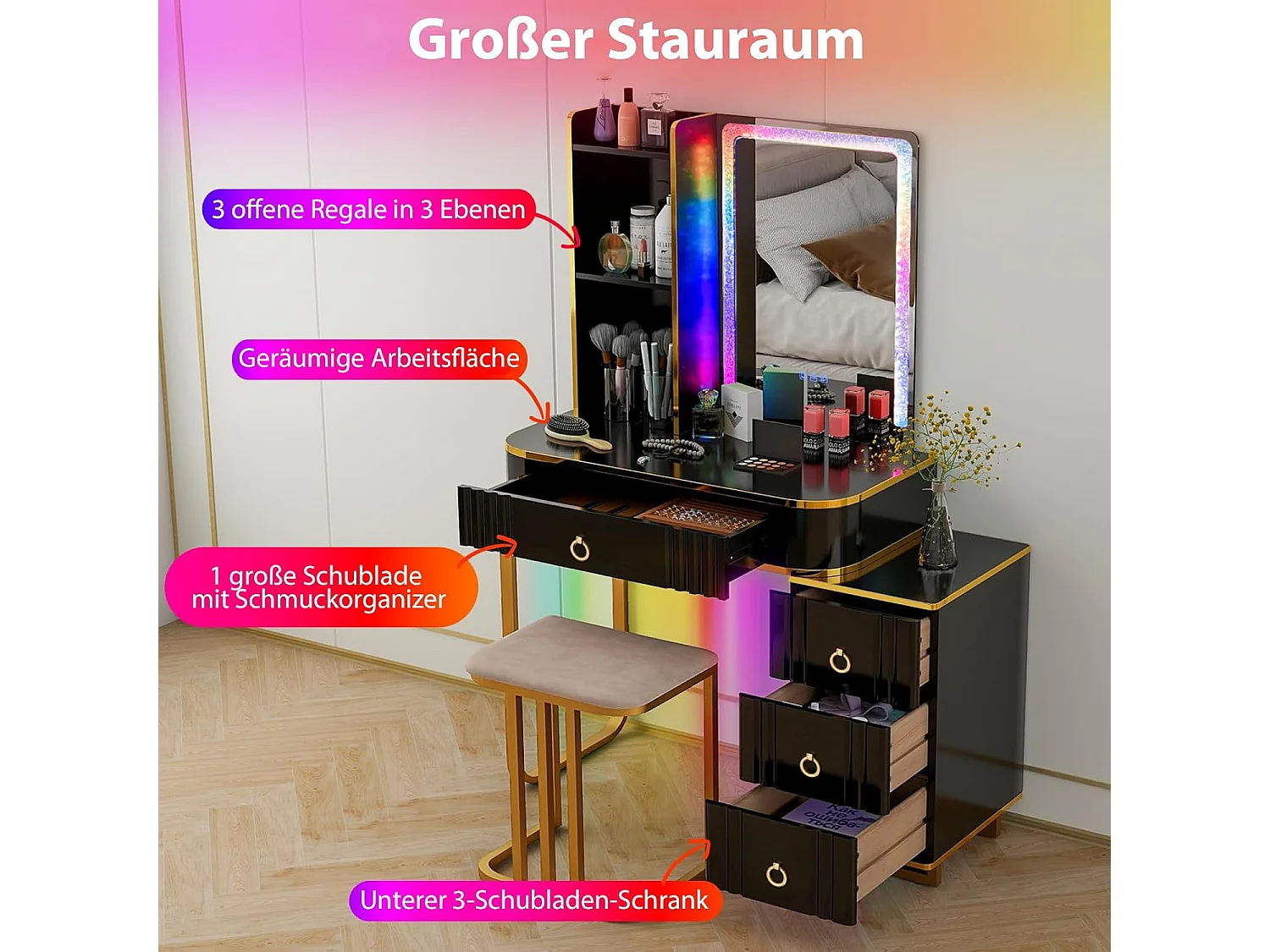 Make-uptafel met ledverlichting, kaptafel met 7 dynamische en 7 statische dimbare ledlampen, draadloos laadstation, USB-poort en 4 laden, make-uptafel met kruk