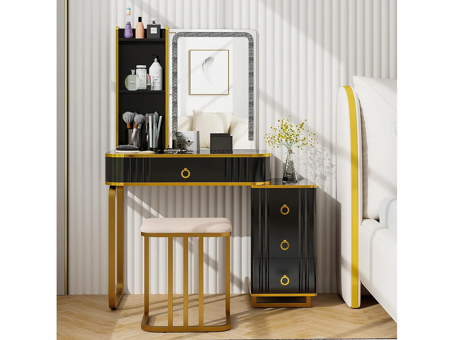 Make-uptafel met ledverlichting, kaptafel met 7 dynamische en 7 statische dimbare ledlampen, draadloos laadstation, USB-poort en 4 laden, make-uptafel met kruk