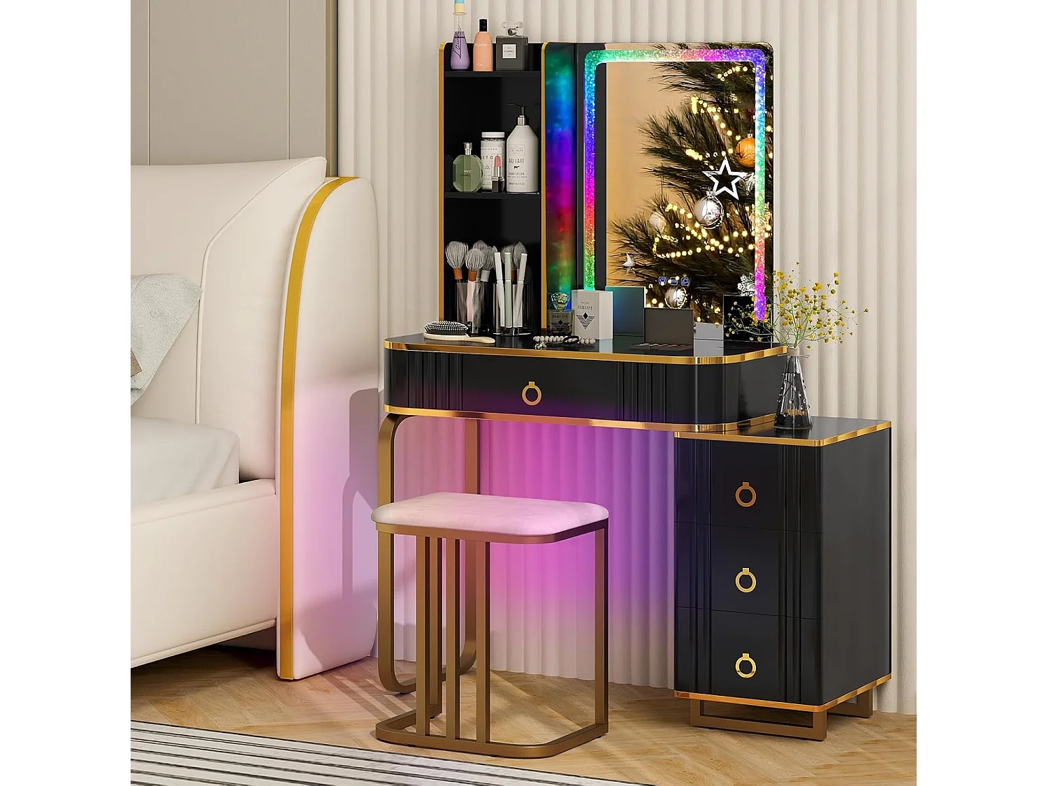 Make-uptafel met ledverlichting, kaptafel met 7 dynamische en 7 statische dimbare ledlampen, draadloos laadstation, USB-poort en 4 laden, make-uptafel met kruk