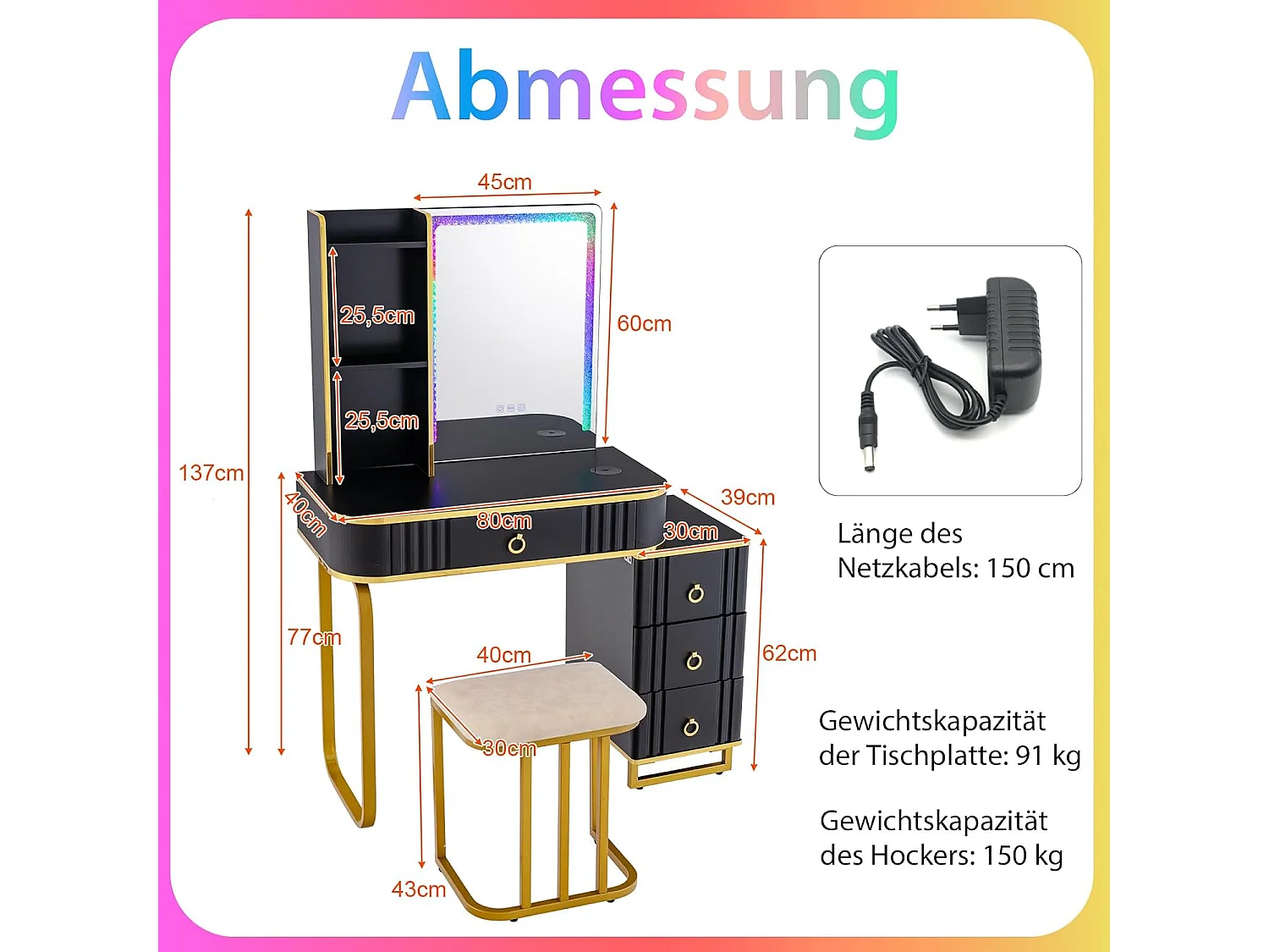 Make-uptafel met ledverlichting, kaptafel met 7 dynamische en 7 statische dimbare ledlampen, draadloos laadstation, USB-poort en 4 laden, make-uptafel met kruk