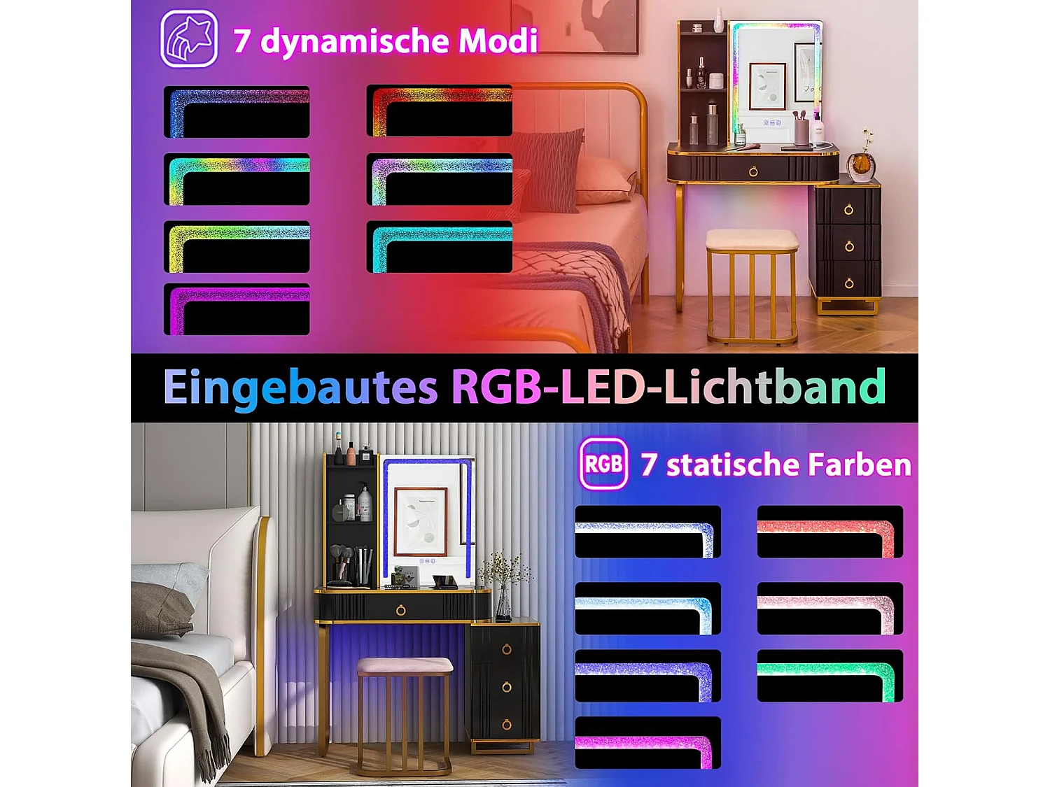 Make-uptafel met ledverlichting, kaptafel met 7 dynamische en 7 statische dimbare ledlampen, draadloos laadstation, USB-poort en 4 laden, make-uptafel met kruk