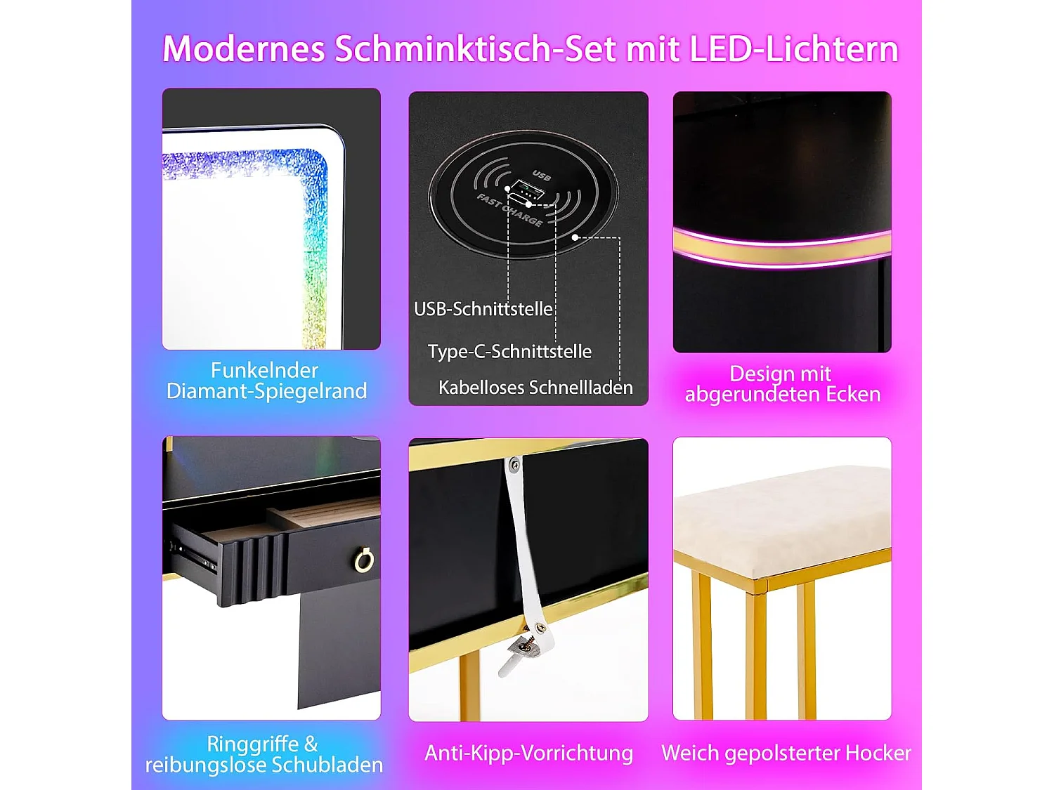 Make-uptafel met ledverlichting, kaptafel met 7 dynamische en 7 statische dimbare ledlampen, draadloos laadstation, USB-poort en 4 laden, make-uptafel met kruk