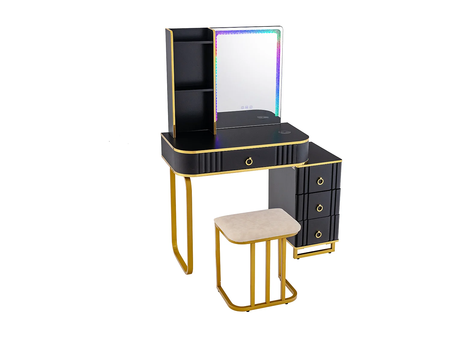 Make-uptafel met ledverlichting, kaptafel met 7 dynamische en 7 statische dimbare ledlampen, draadloos laadstation, USB-poort en 4 laden, make-uptafel met kruk
