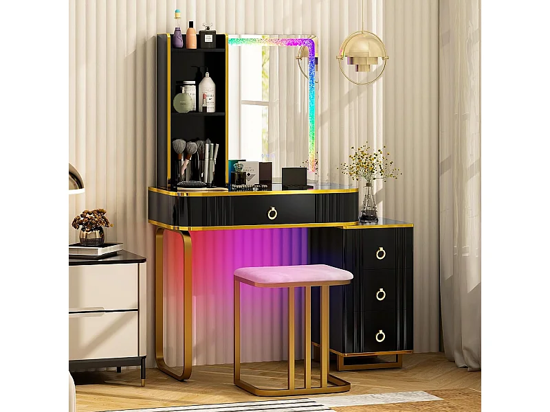 Make-uptafel met ledverlichting, kaptafel met 7 dynamische en 7 statische dimbare ledlampen, draadloos laadstation, USB-poort en 4 laden, make-uptafel met kruk