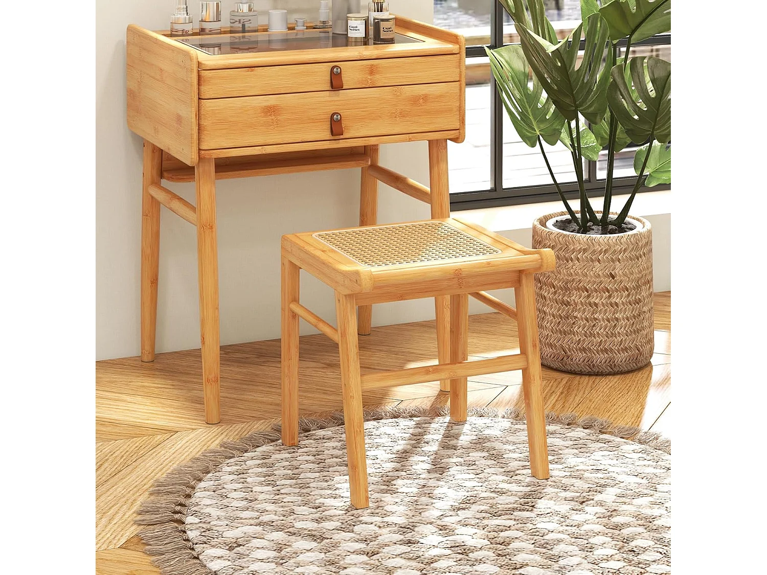 Make-uptafel met kruk, kaptafel van bamboe, kaptafel met verstelbare spiegel en 2 laden en glazen tafelblad, make-uptafel voor slaapkamer60 x 46,5 x 125 cmVH33200