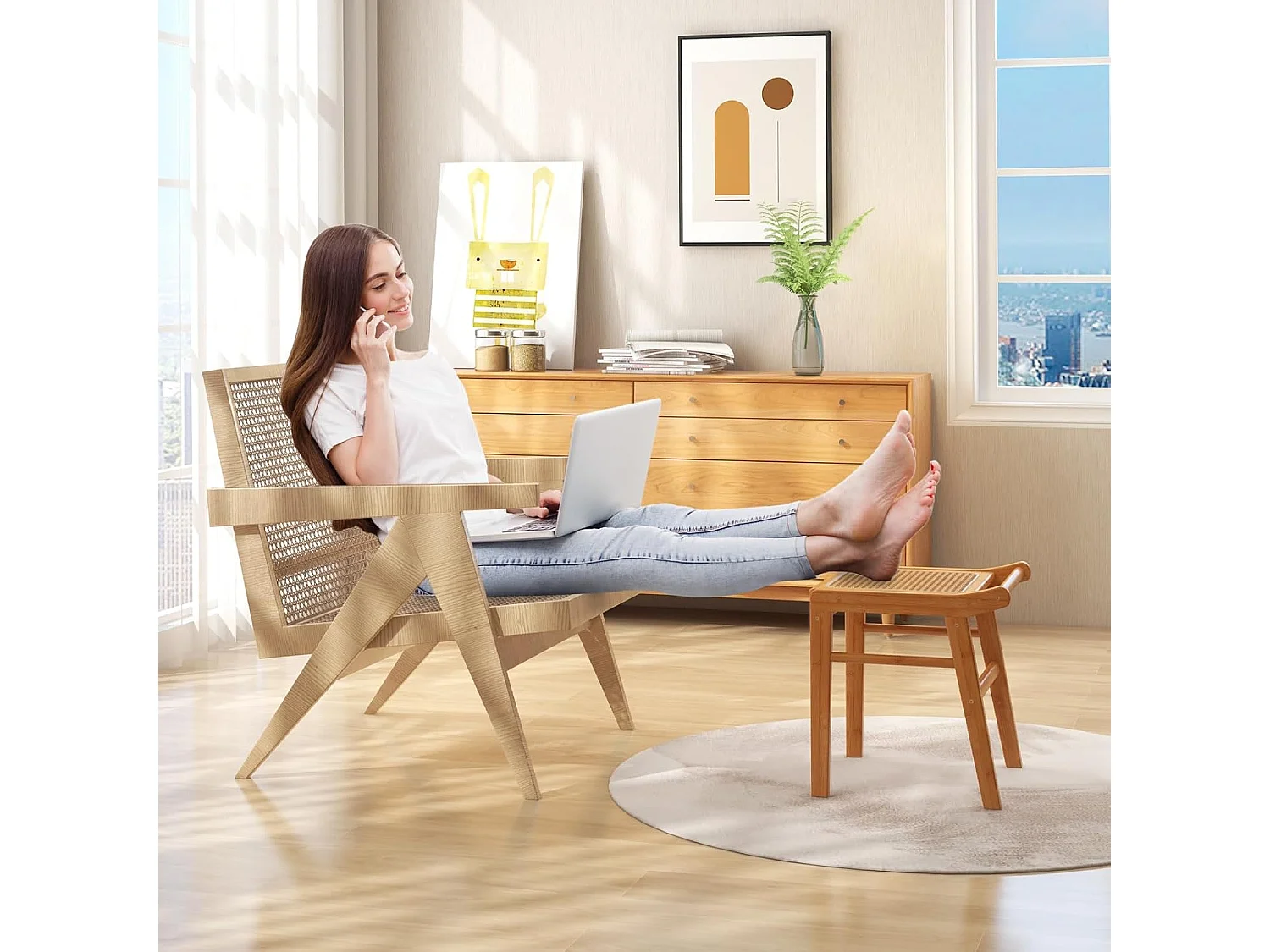 Make-uptafel met kruk, kaptafel van bamboe, kaptafel met verstelbare spiegel en 2 laden en glazen tafelblad, make-uptafel voor slaapkamer60 x 46,5 x 125 cmVH33200