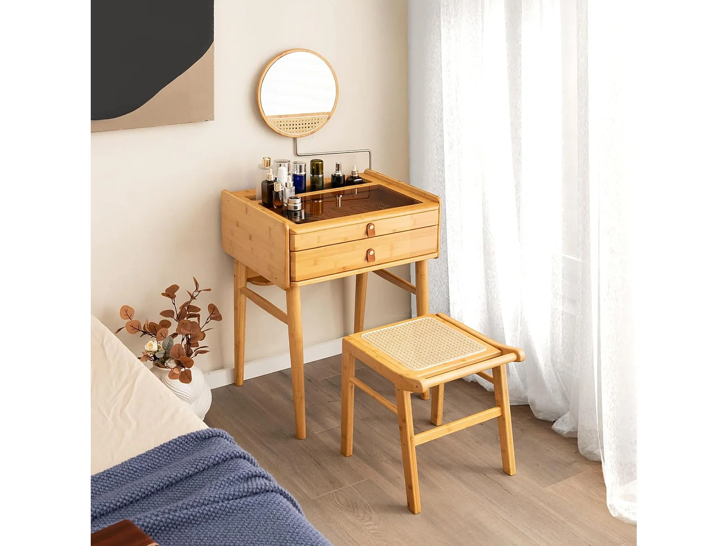 Make-uptafel met kruk, kaptafel van bamboe, kaptafel met verstelbare spiegel en 2 laden en glazen tafelblad, make-uptafel voor slaapkamer60 x 46,5 x 125 cmVH33200