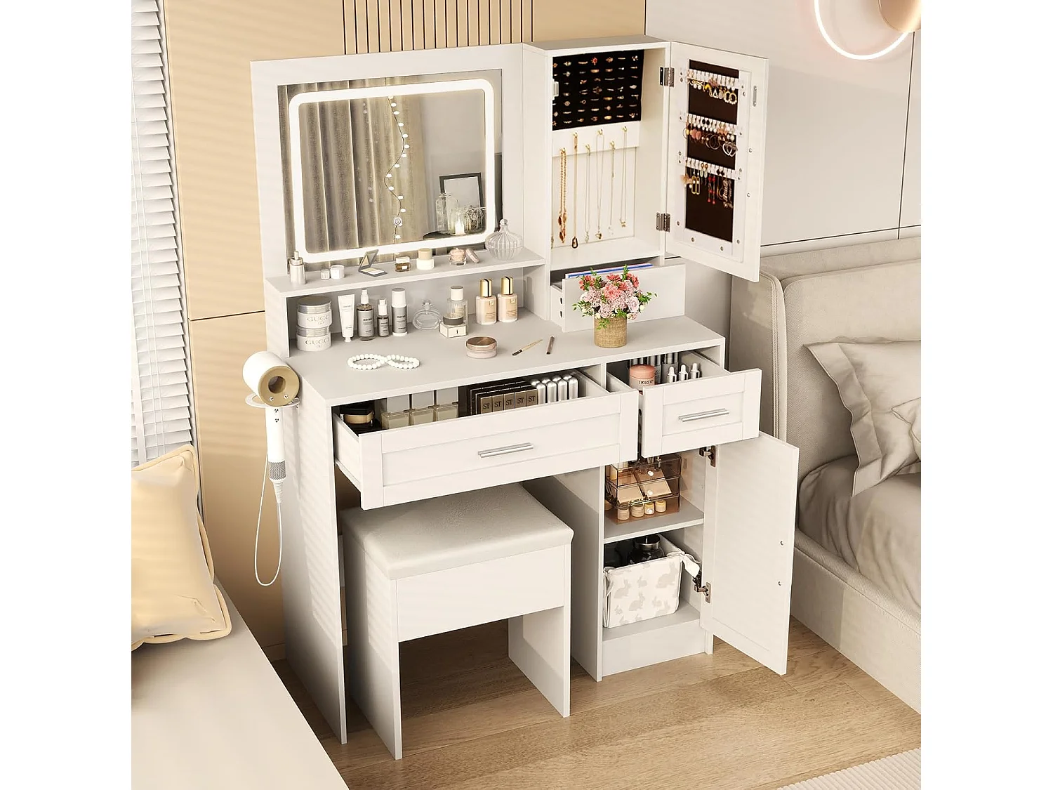 Make-uptafel met ledverlichting, 3 kleuren met instelbare helderheid, kaptafel met laadstation, sieradenkast, kruk,laden, kast en haardrogerhouder, witTG32074