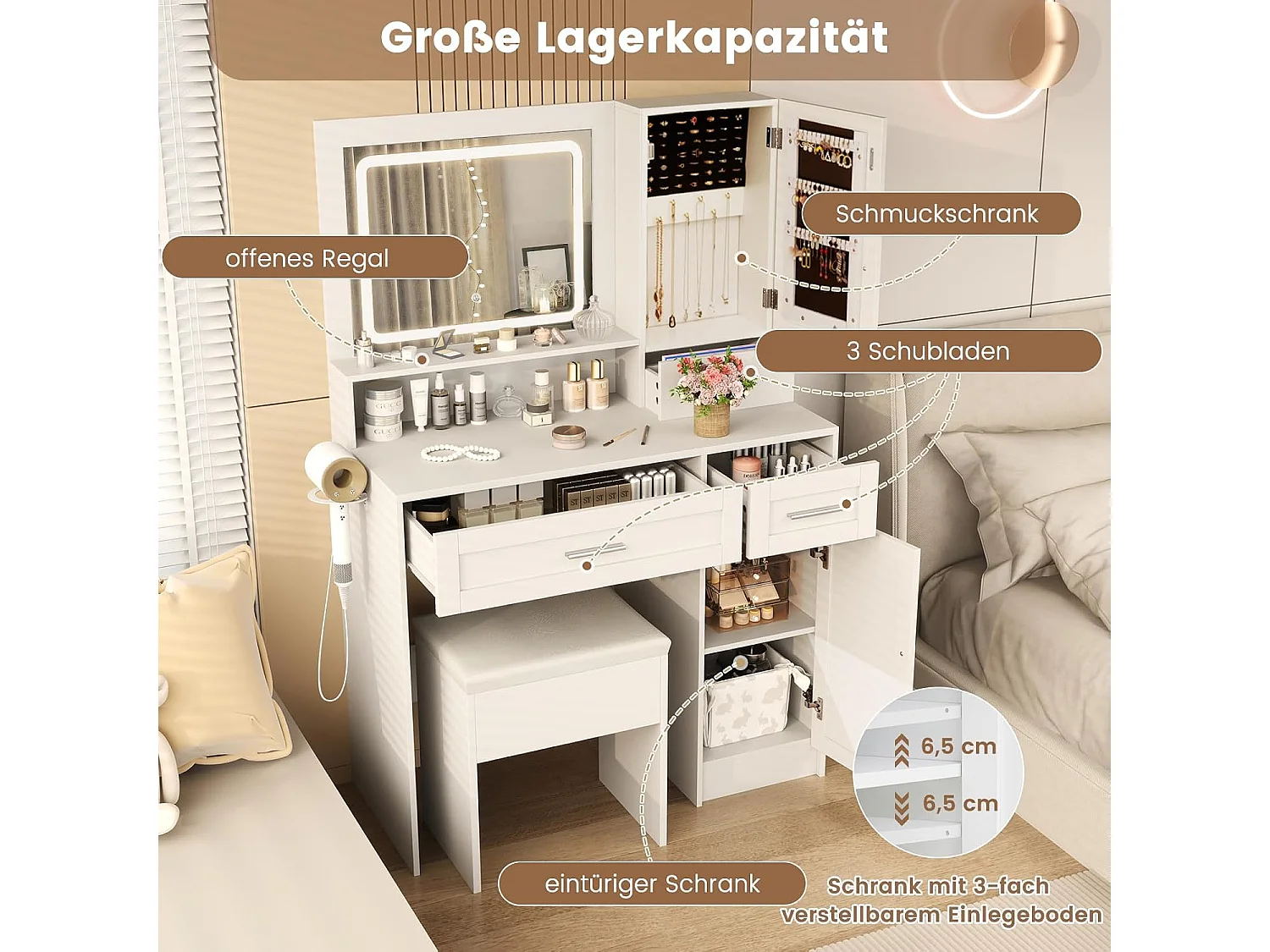 Make-uptafel met ledverlichting, 3 kleuren met instelbare helderheid, kaptafel met laadstation, sieradenkast, kruk,laden, kast en haardrogerhouder, witTG32074