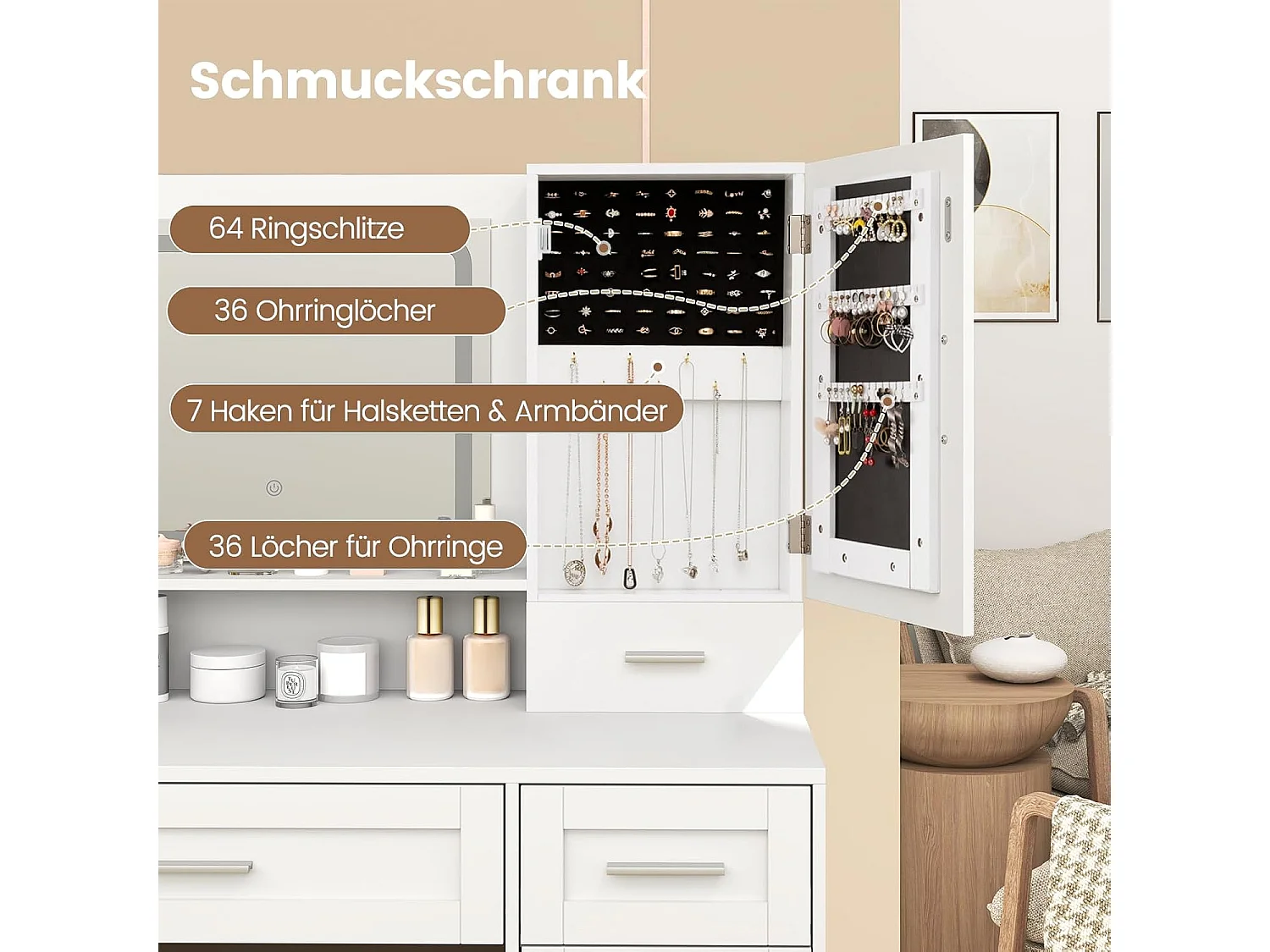 Make-uptafel met ledverlichting, 3 kleuren met instelbare helderheid, kaptafel met laadstation, sieradenkast, kruk,laden, kast en haardrogerhouder, witTG32074