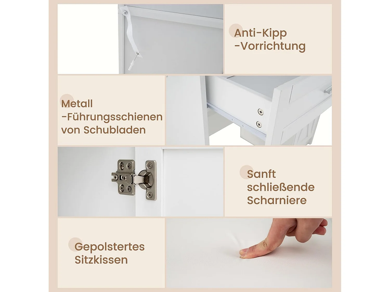 Make-uptafel met ledverlichting, 3 kleuren met instelbare helderheid, kaptafel met laadstation, sieradenkast, kruk,laden, kast en haardrogerhouder, witTG32074