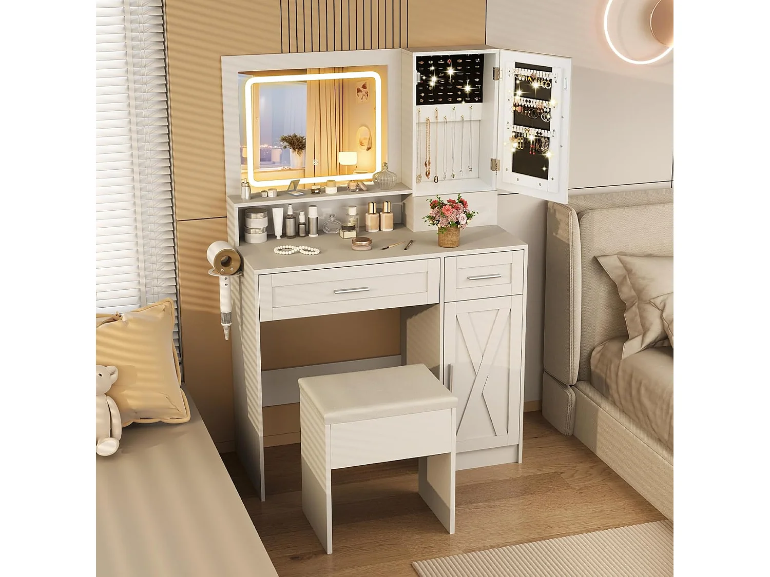 Make-uptafel met ledverlichting, 3 kleuren met instelbare helderheid, kaptafel met laadstation, sieradenkast, kruk,laden, kast en haardrogerhouder, witTG32074