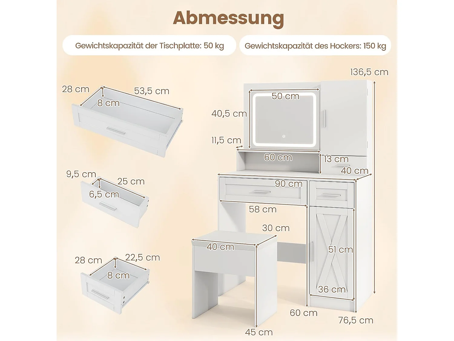 Make-uptafel met ledverlichting, 3 kleuren met instelbare helderheid, kaptafel met laadstation, sieradenkast, kruk,laden, kast en haardrogerhouder, witTG32074