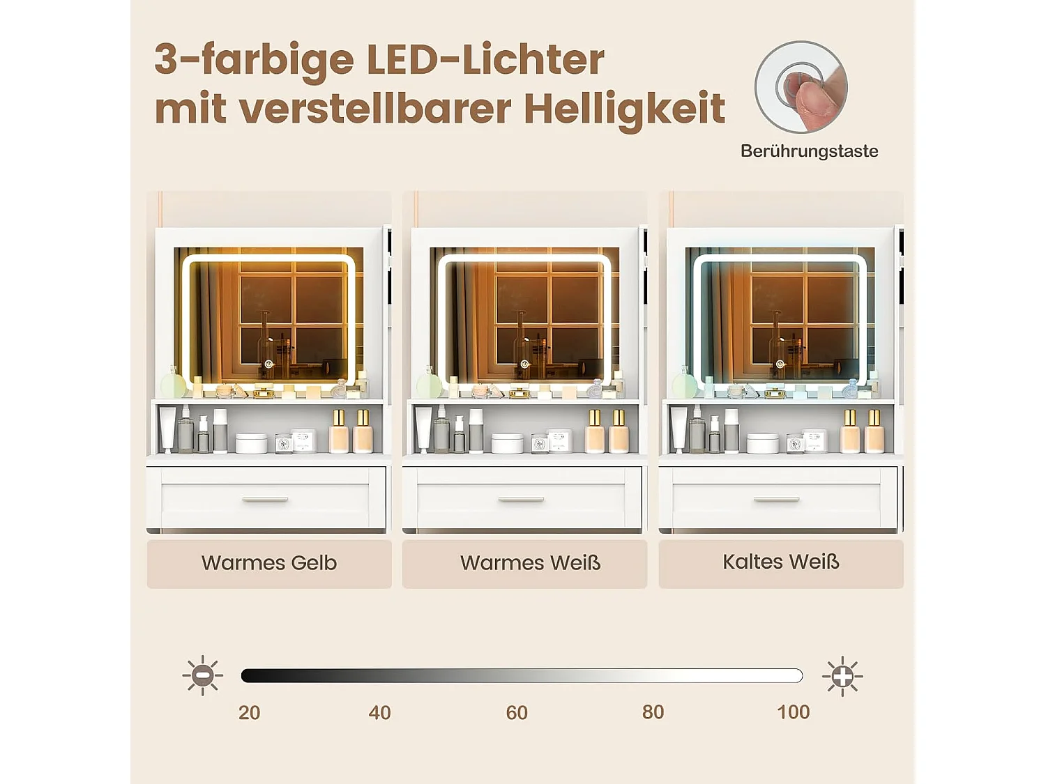 Make-uptafel met ledverlichting, 3 kleuren met instelbare helderheid, kaptafel met laadstation, sieradenkast, kruk,laden, kast en haardrogerhouder, witTG32074