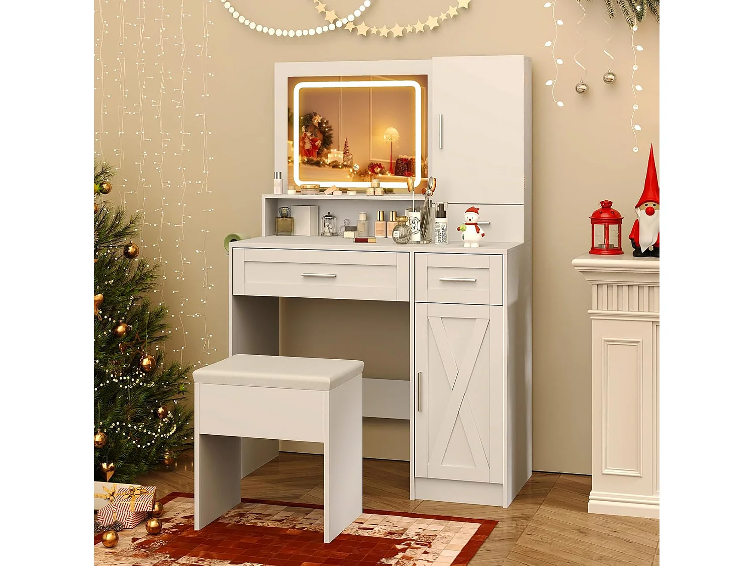 Make-uptafel met ledverlichting, 3 kleuren met instelbare helderheid, kaptafel met laadstation, sieradenkast, kruk,laden, kast en haardrogerhouder, witTG32074