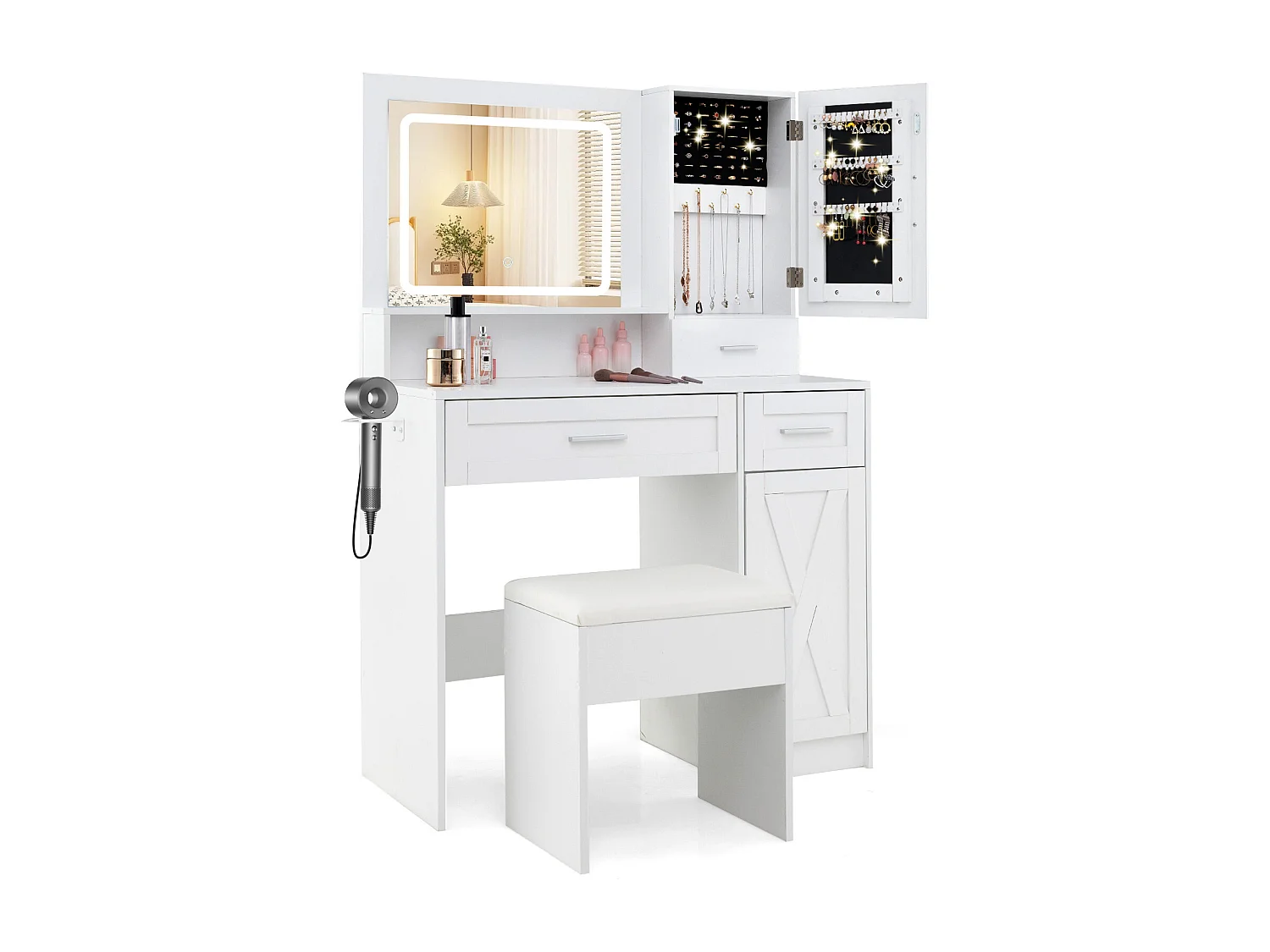 Make-uptafel met ledverlichting, 3 kleuren met instelbare helderheid, kaptafel met laadstation, sieradenkast, kruk,laden, kast en haardrogerhouder, witTG32074