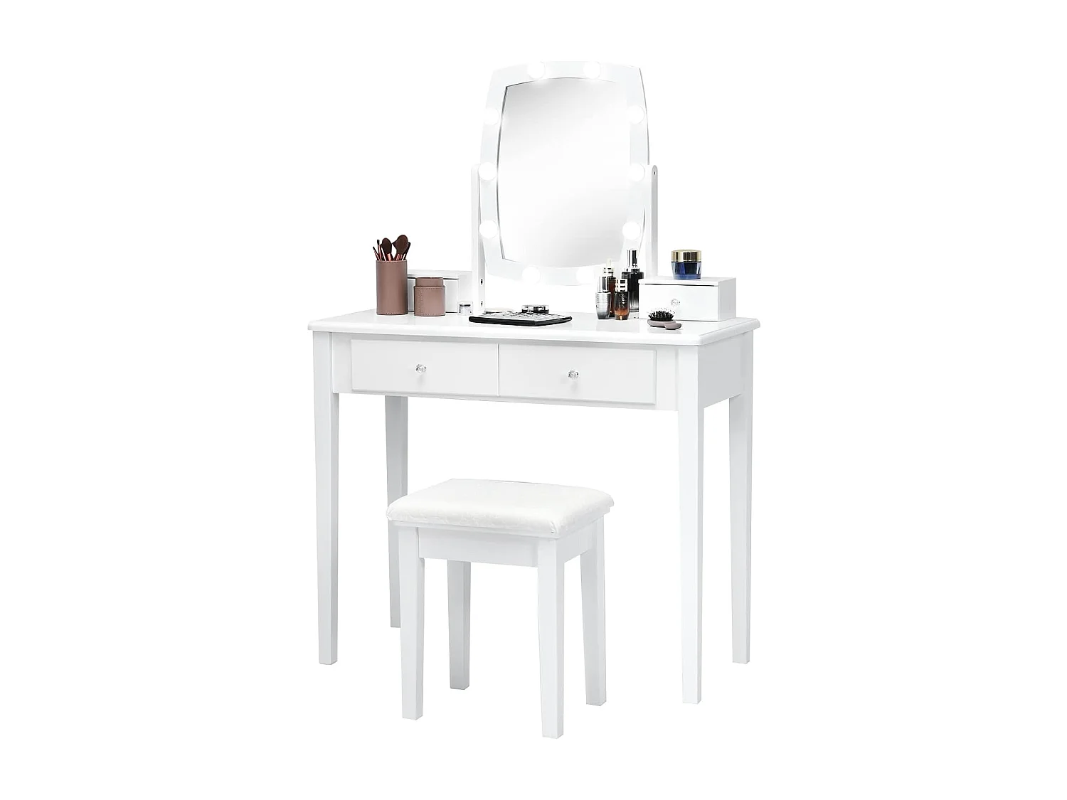 Make-up tafel met 360 graden draaibare verlichte spiegel, kaptafel en krukje met 4 opberglades,kussen, kaptafel set voor kleedkamer, slaapkamer (Wit)TG32763
