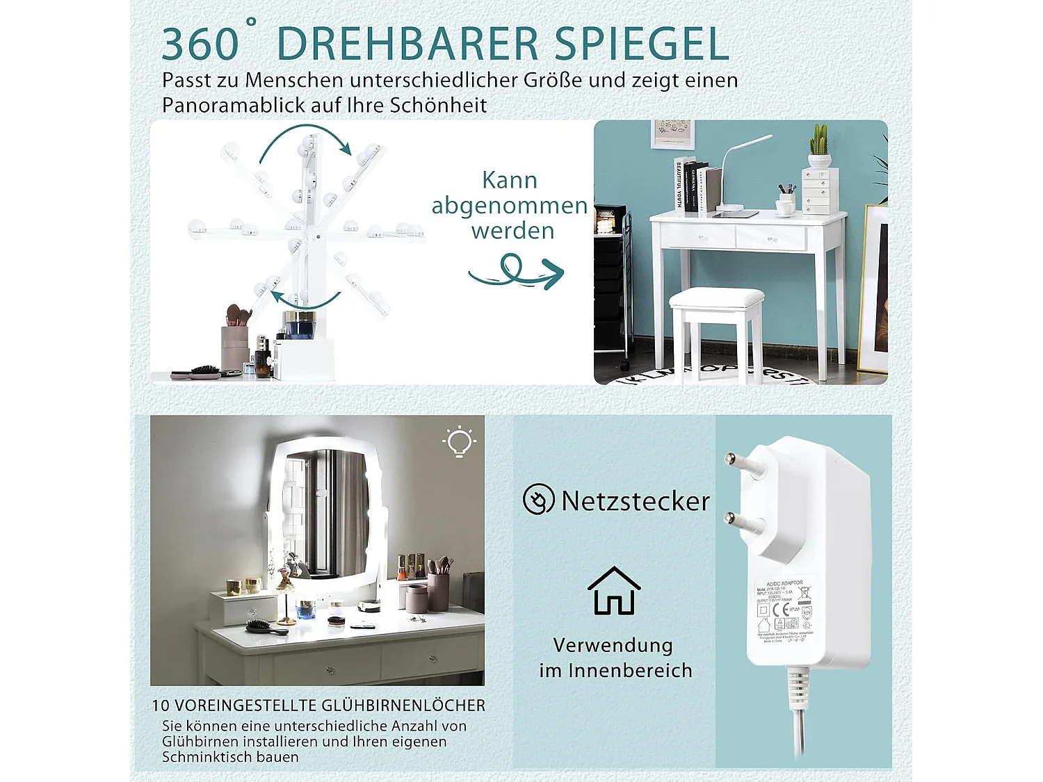 Make-up tafel met 360 graden draaibare verlichte spiegel, kaptafel en krukje met 4 opberglades,kussen, kaptafel set voor kleedkamer, slaapkamer (Wit)TG32763