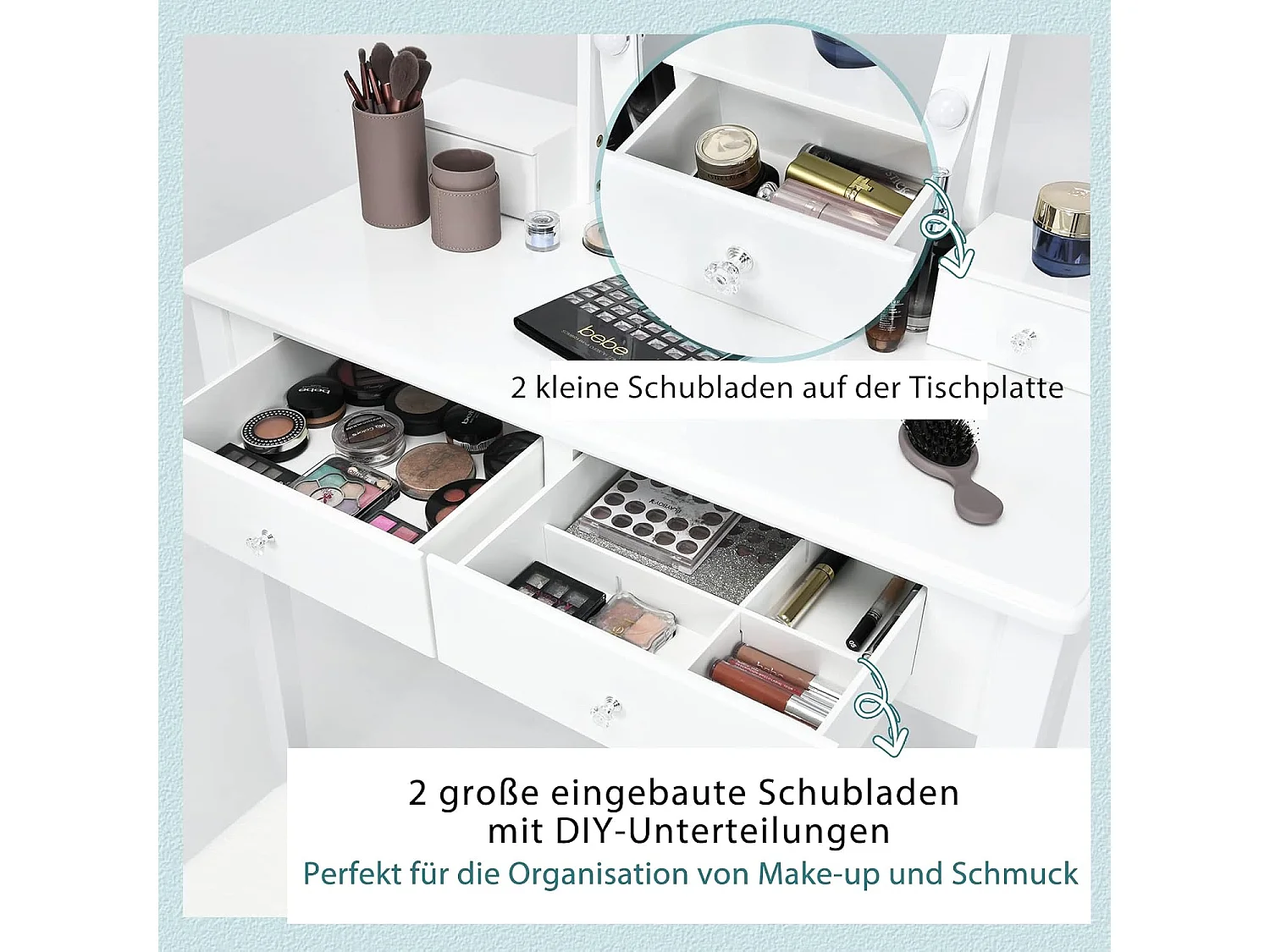 Make-up tafel met 360 graden draaibare verlichte spiegel, kaptafel en krukje met 4 opberglades,kussen, kaptafel set voor kleedkamer, slaapkamer (Wit)TG32763