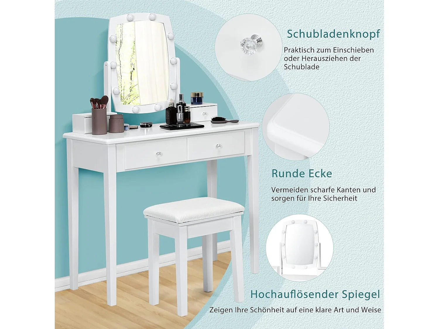 Make-up tafel met 360 graden draaibare verlichte spiegel, kaptafel en krukje met 4 opberglades,kussen, kaptafel set voor kleedkamer, slaapkamer (Wit)TG32763