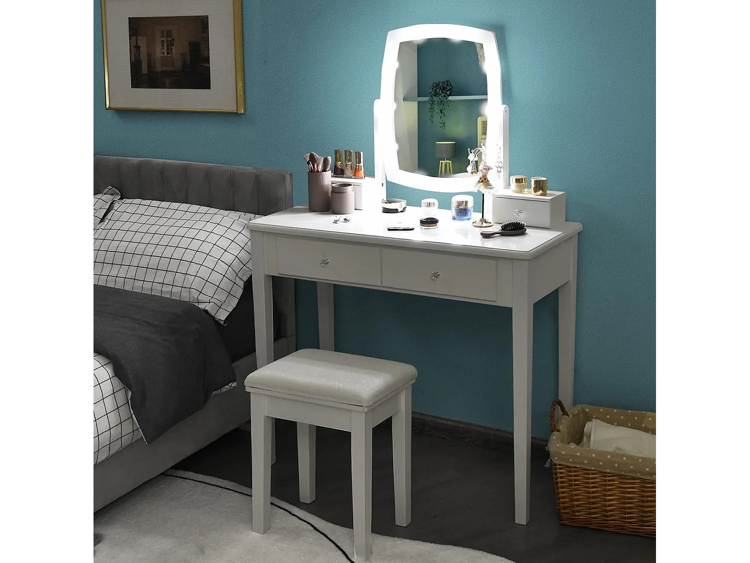 Make-up tafel met 360 graden draaibare verlichte spiegel, kaptafel en krukje met 4 opberglades,kussen, kaptafel set voor kleedkamer, slaapkamer (Wit)TG32763