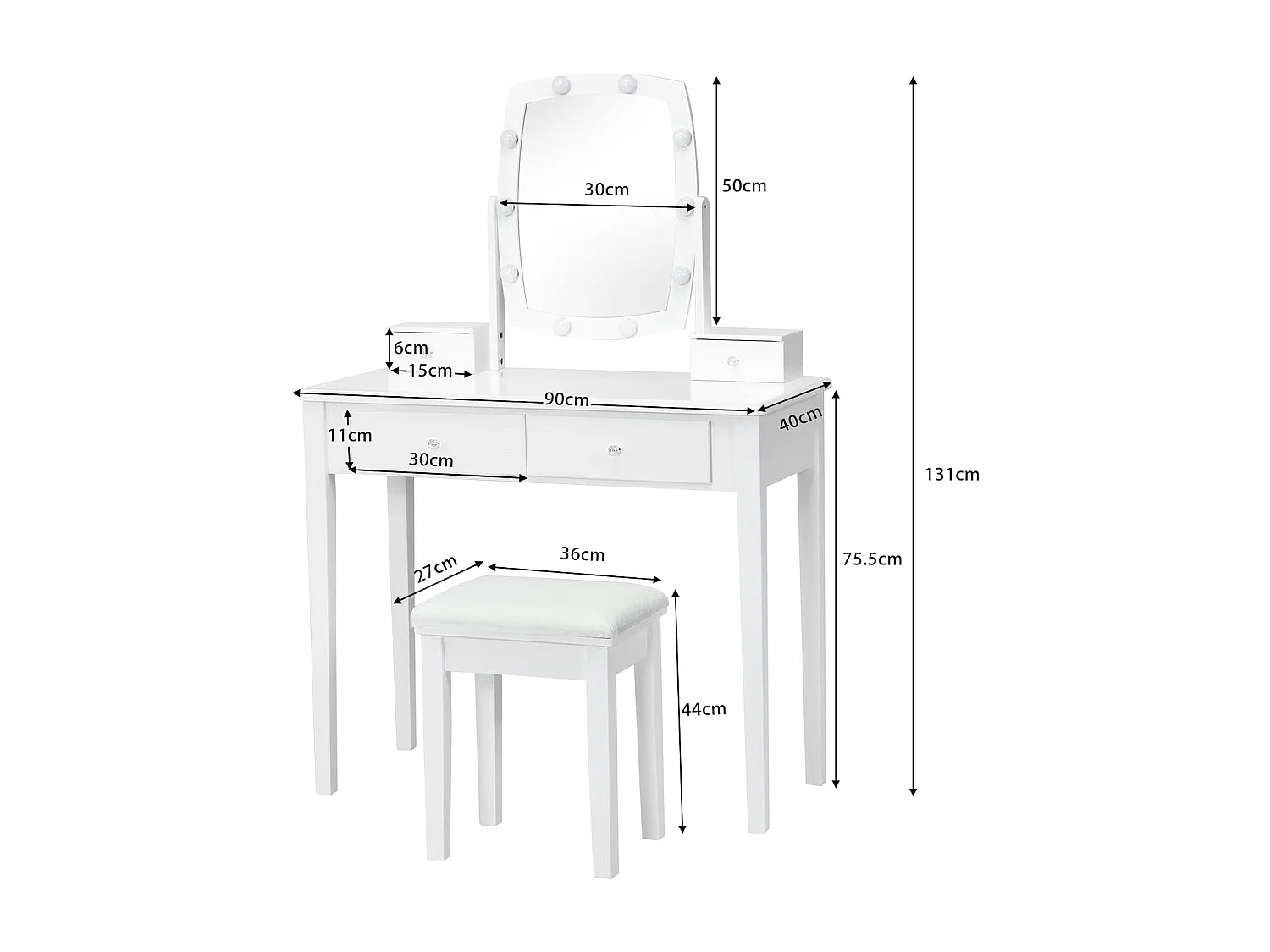 Make-up tafel met 360 graden draaibare verlichte spiegel, kaptafel en krukje met 4 opberglades,kussen, kaptafel set voor kleedkamer, slaapkamer (Wit)TG32763