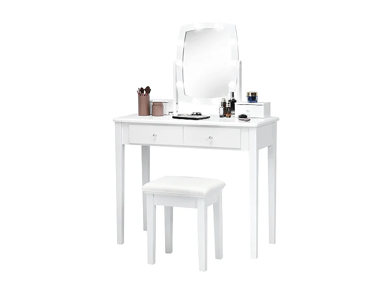 Make-up tafel met 360 graden draaibare verlichte spiegel, kaptafel en krukje met 4 opberglades,kussen, kaptafel set voor kleedkamer, slaapkamer (Wit)TG32763