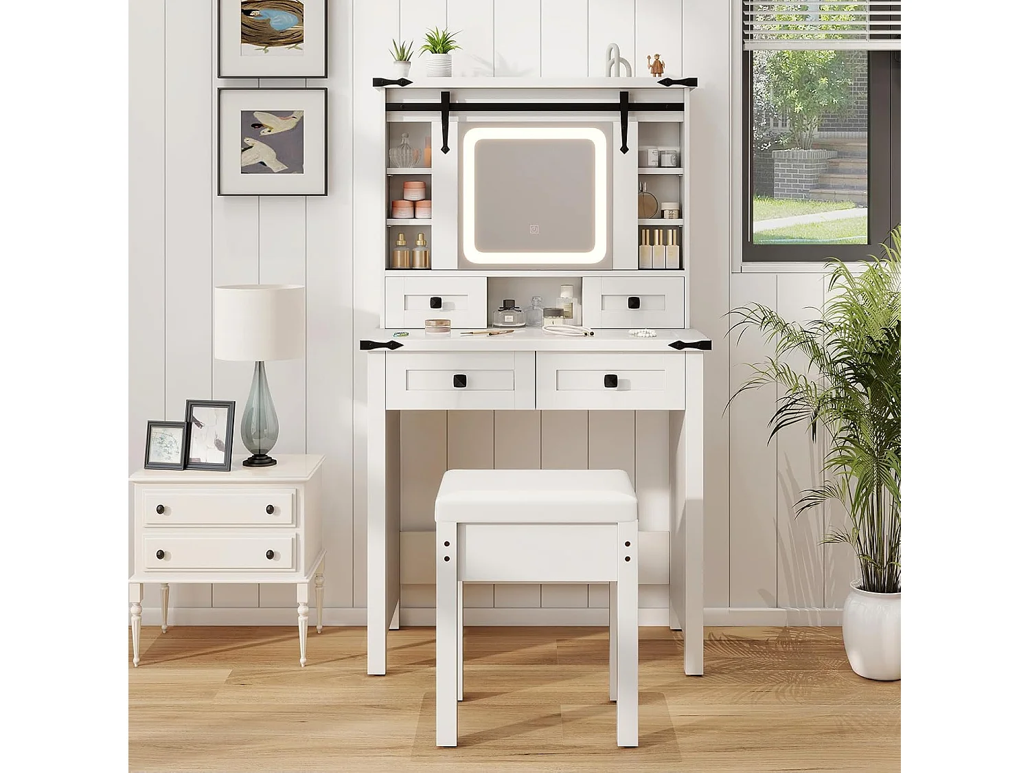 Make-uptafel met ledverlichting, 3 kleuren met instelbare helderheid, kaptafel met kruk, 4 laden en verstelbare legvlakken, kaptafel met schuifspiegel, witTG32140