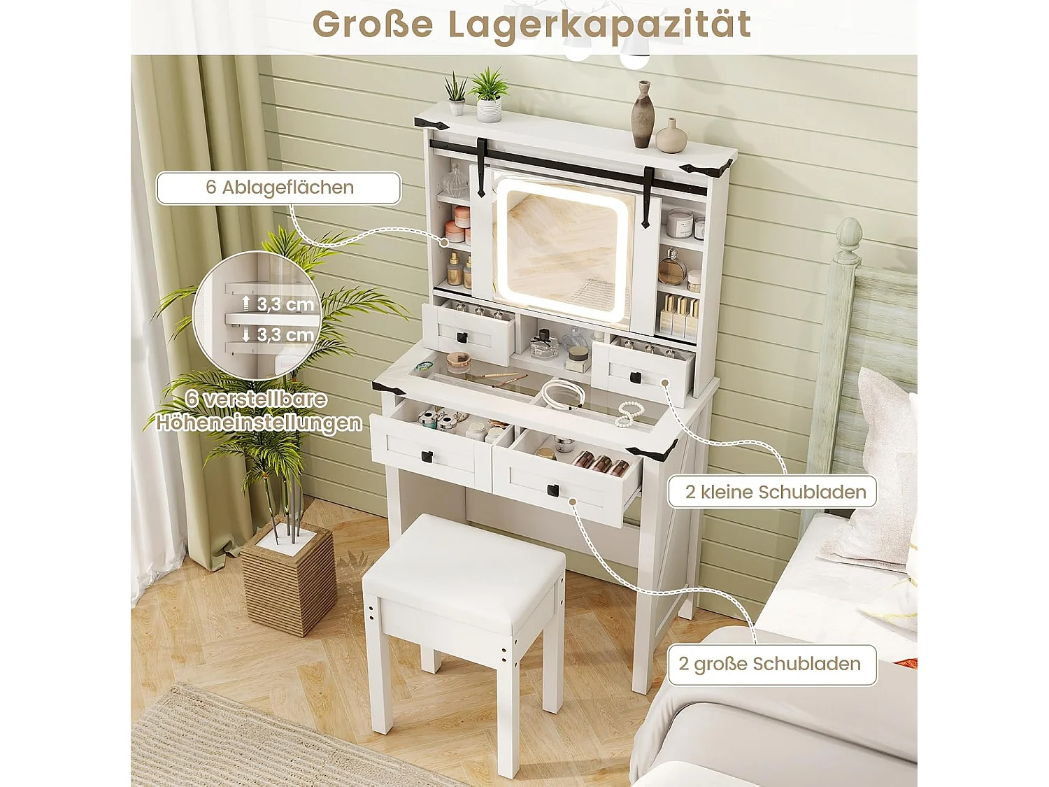 Make-uptafel met ledverlichting, 3 kleuren met instelbare helderheid, kaptafel met kruk, 4 laden en verstelbare legvlakken, kaptafel met schuifspiegel, witTG32140