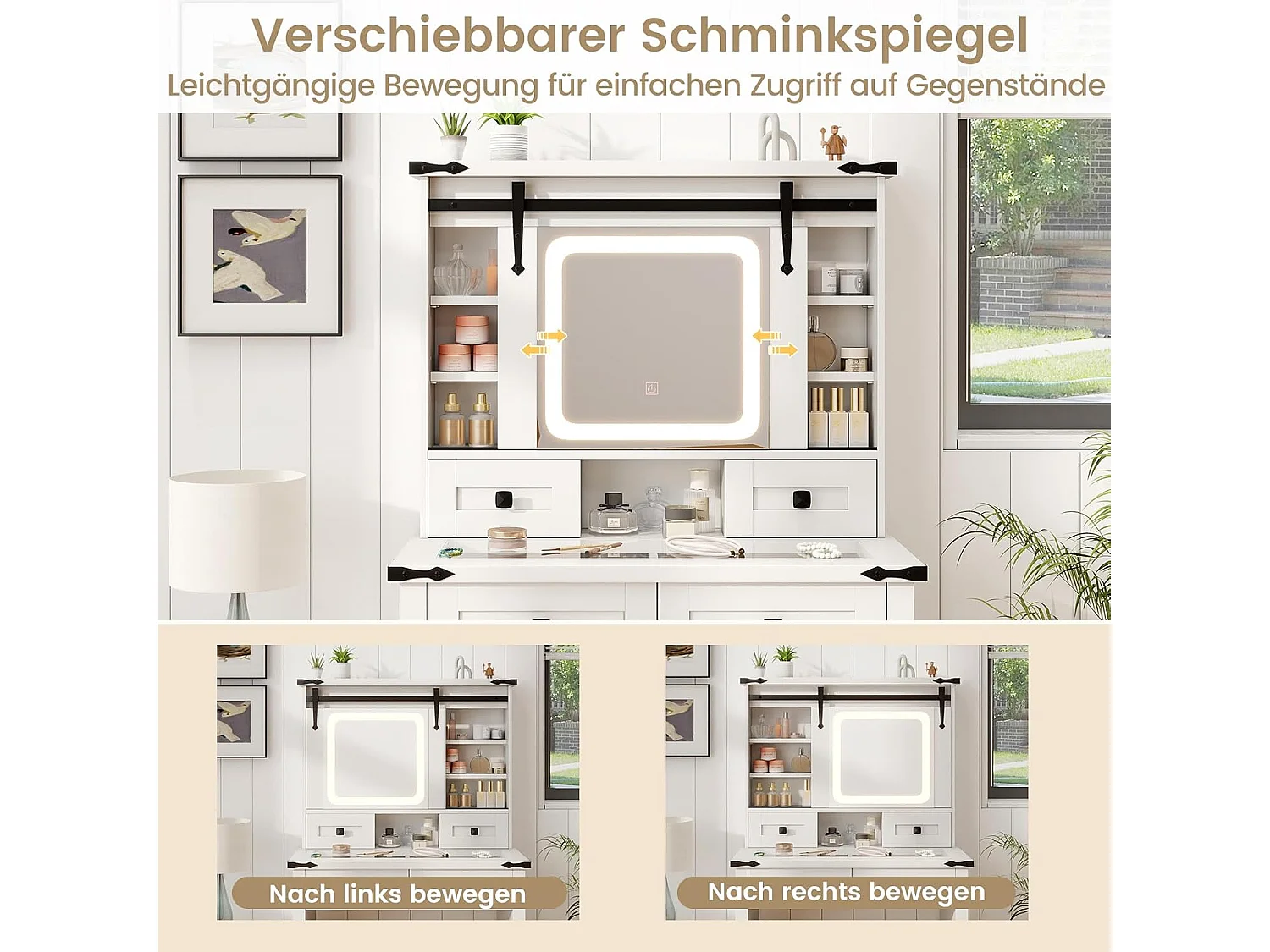 Make-uptafel met ledverlichting, 3 kleuren met instelbare helderheid, kaptafel met kruk, 4 laden en verstelbare legvlakken, kaptafel met schuifspiegel, witTG32140