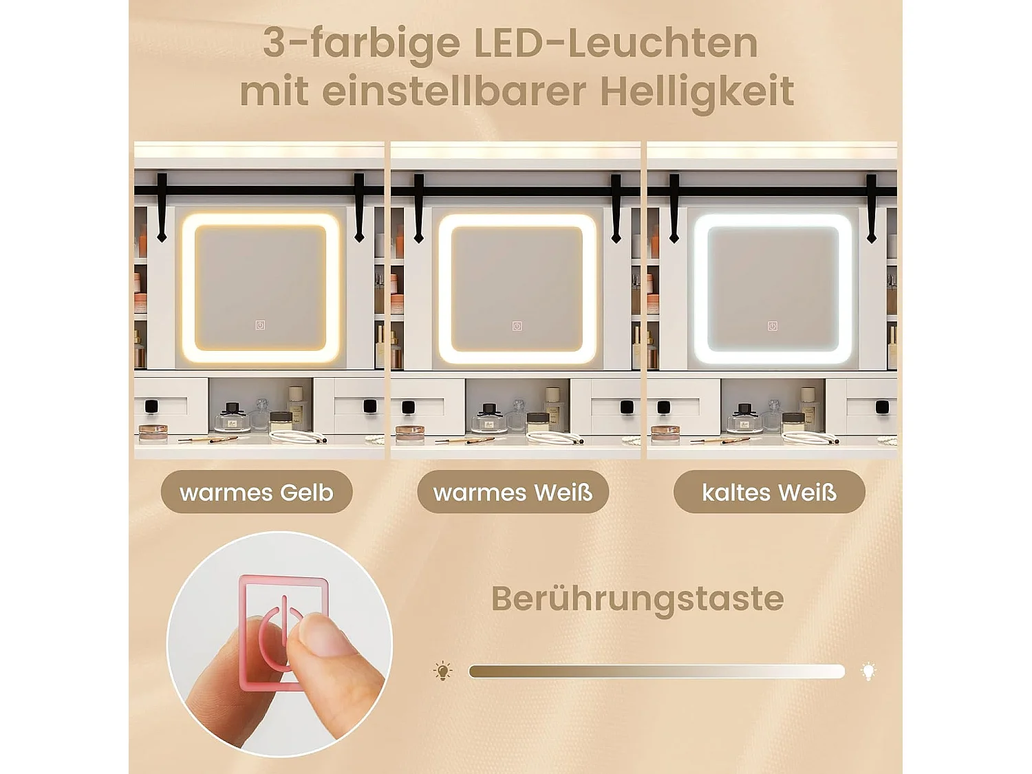 Make-uptafel met ledverlichting, 3 kleuren met instelbare helderheid, kaptafel met kruk, 4 laden en verstelbare legvlakken, kaptafel met schuifspiegel, witTG32140