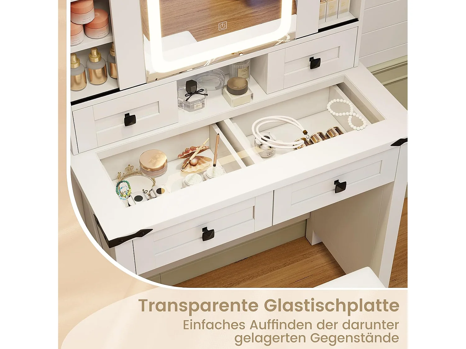 Make-uptafel met ledverlichting, 3 kleuren met instelbare helderheid, kaptafel met kruk, 4 laden en verstelbare legvlakken, kaptafel met schuifspiegel, witTG32140