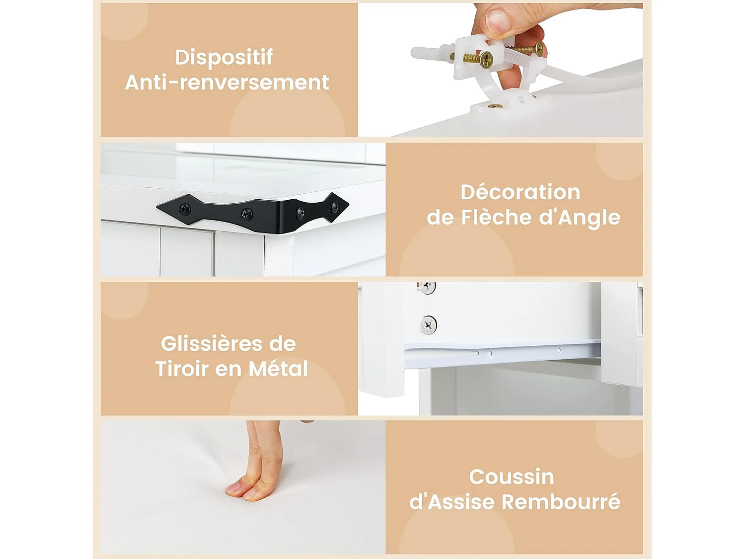 Make-uptafel met ledverlichting, 3 kleuren met instelbare helderheid, kaptafel met kruk, 4 laden en verstelbare legvlakken, kaptafel met schuifspiegel, witTG32140