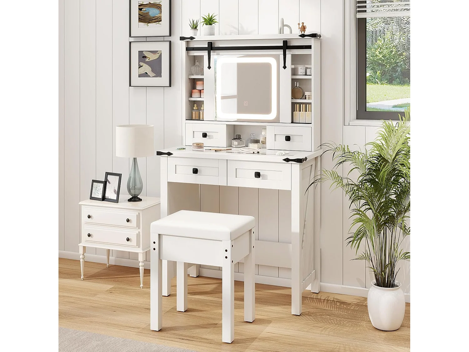 Make-uptafel met ledverlichting, 3 kleuren met instelbare helderheid, kaptafel met kruk, 4 laden en verstelbare legvlakken, kaptafel met schuifspiegel, witTG32140