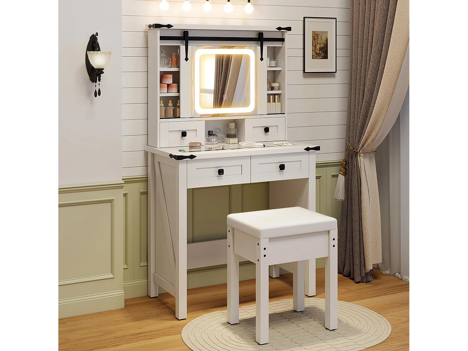 Make-uptafel met ledverlichting, 3 kleuren met instelbare helderheid, kaptafel met kruk, 4 laden en verstelbare legvlakken, kaptafel met schuifspiegel, witTG32140