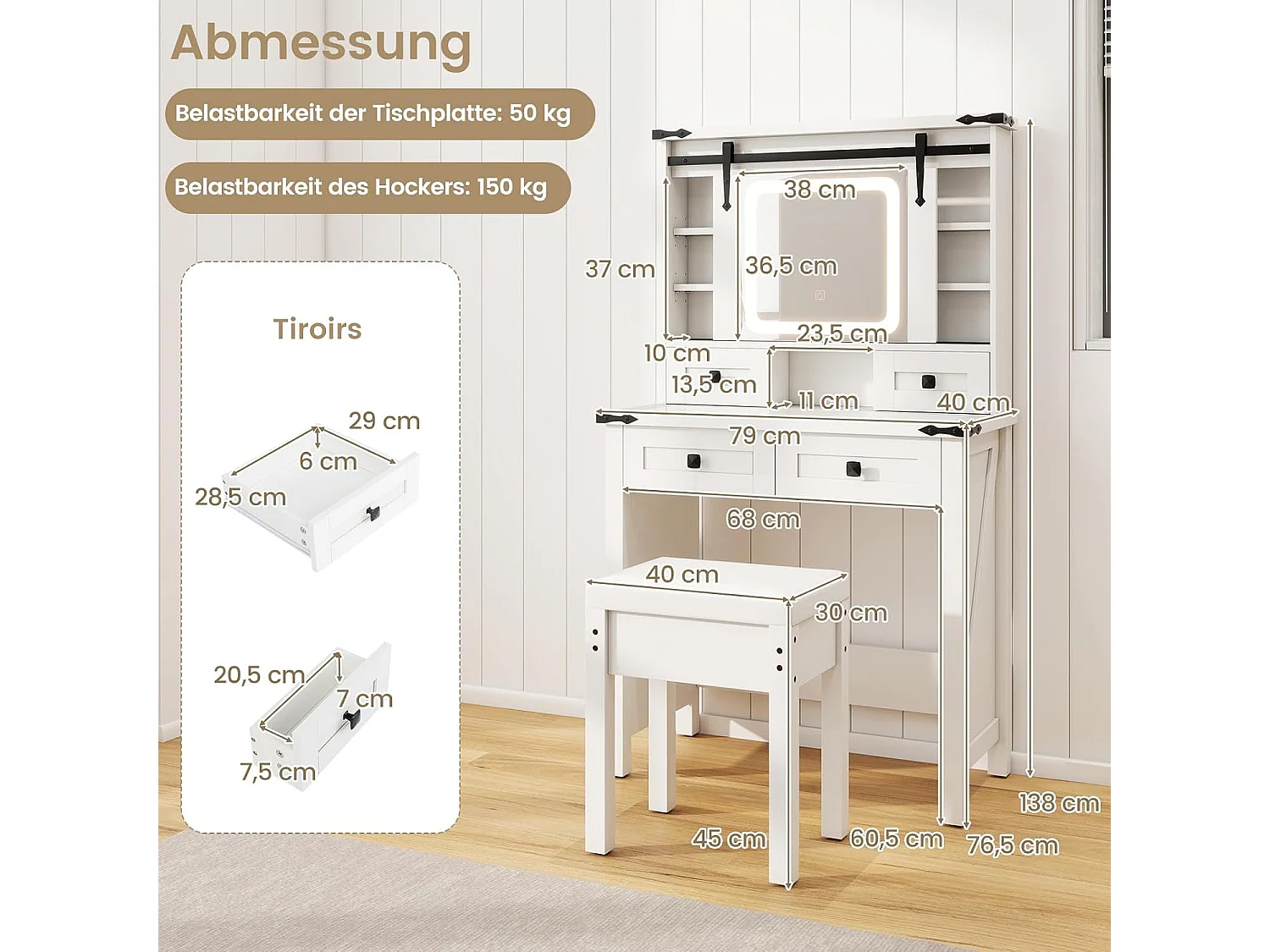 Make-uptafel met ledverlichting, 3 kleuren met instelbare helderheid, kaptafel met kruk, 4 laden en verstelbare legvlakken, kaptafel met schuifspiegel, witTG32140